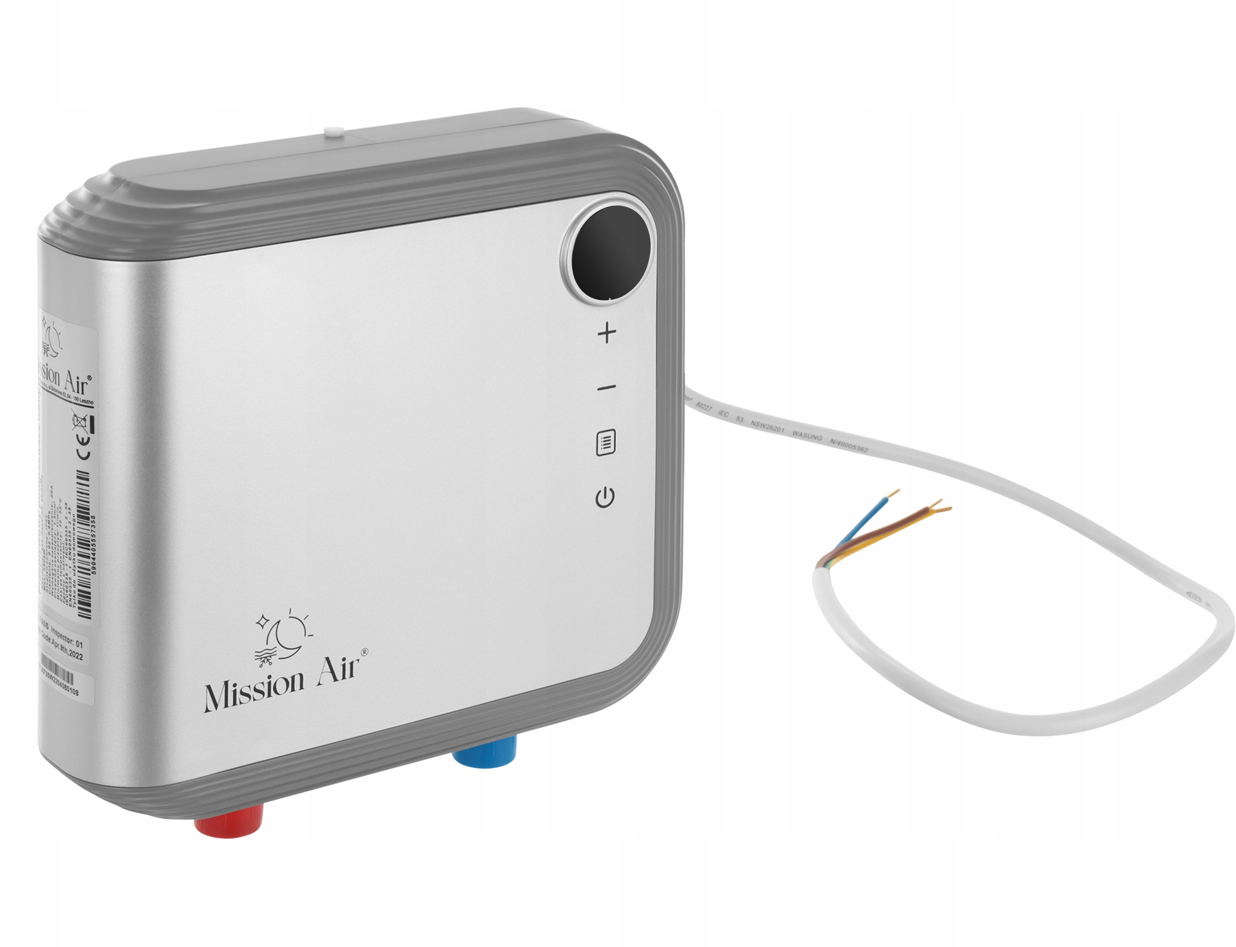 Srebrne urządzenie Mission Air z szarą górą i przyciskami. Biały kabel z kolorowymi przewodami jest przymocowany.