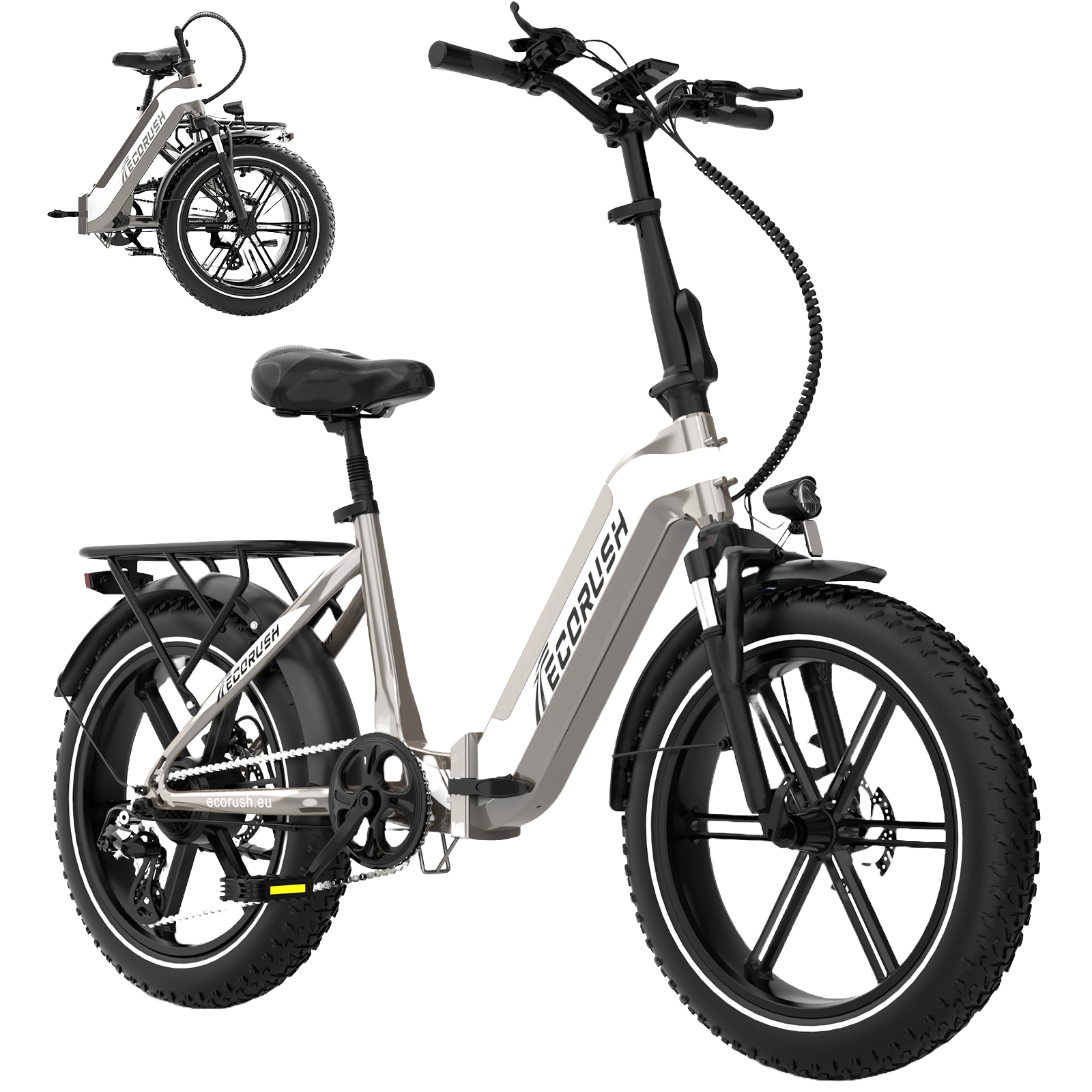 Een zilverzwarte Ecorush opvouwbare elektrische fiets, met een zwarte achtergrond. Inclusief een kleinere opgevouwen versie.