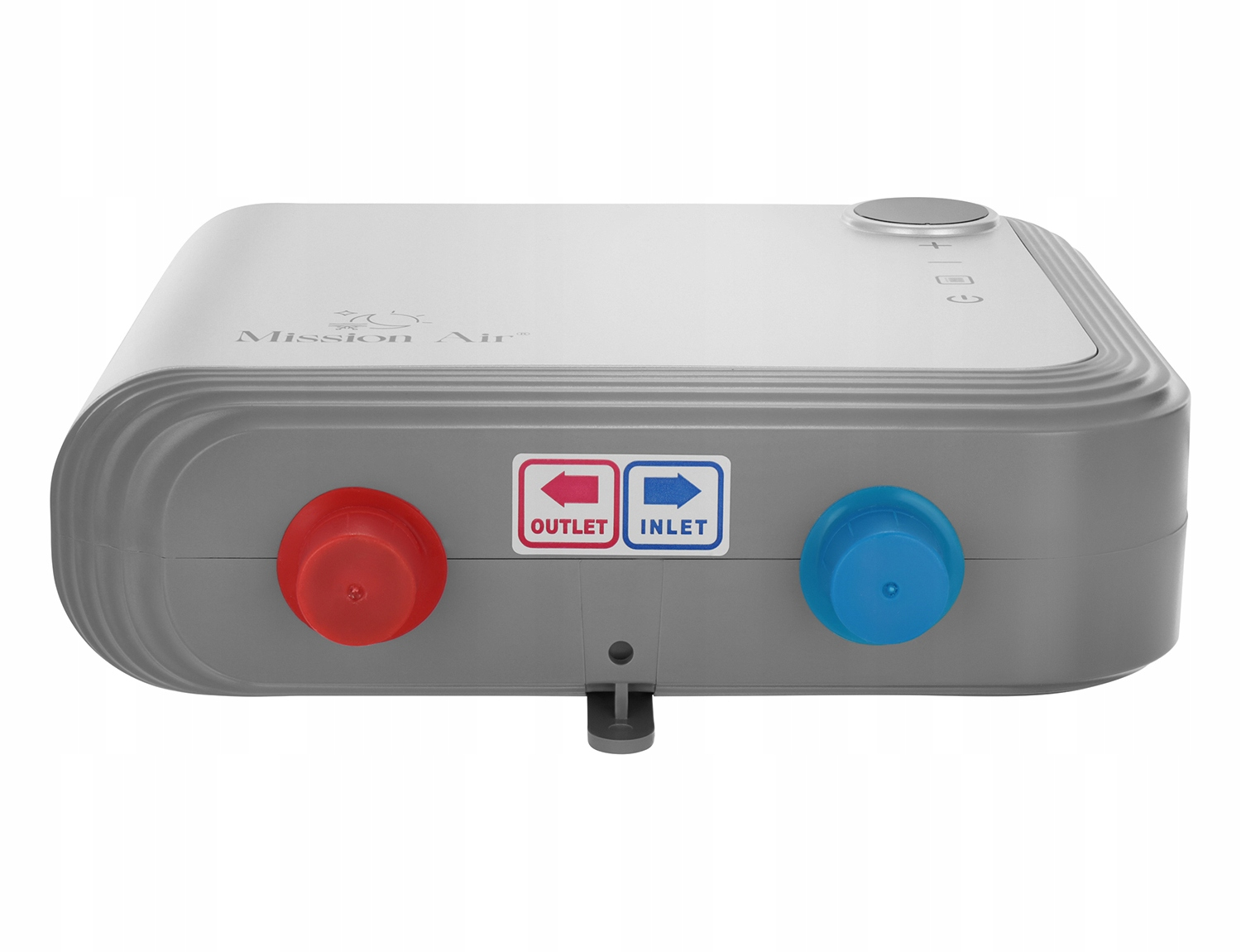 Urządzenie Mission Air. Ma białą górę i szarą podstawę, z czerwonymi i niebieskimi pokrętłami. Ma etykiety wylot/wlot.