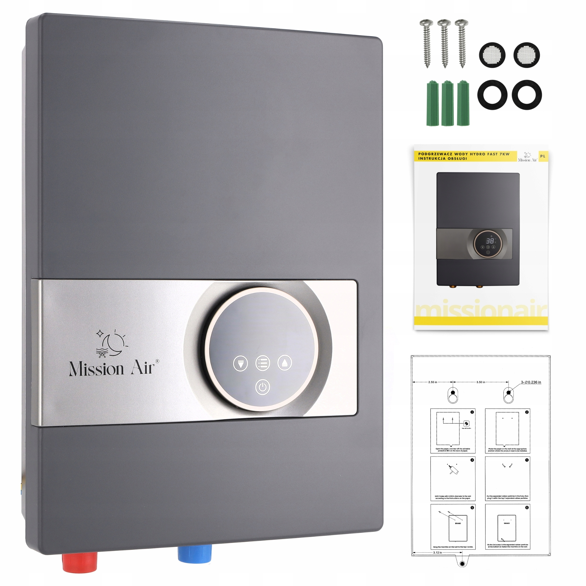 Szary podgrzewacz wody z panelem sterowania i akcesoriami. Zawiera instrukcję obsługi i elementy montażowe.