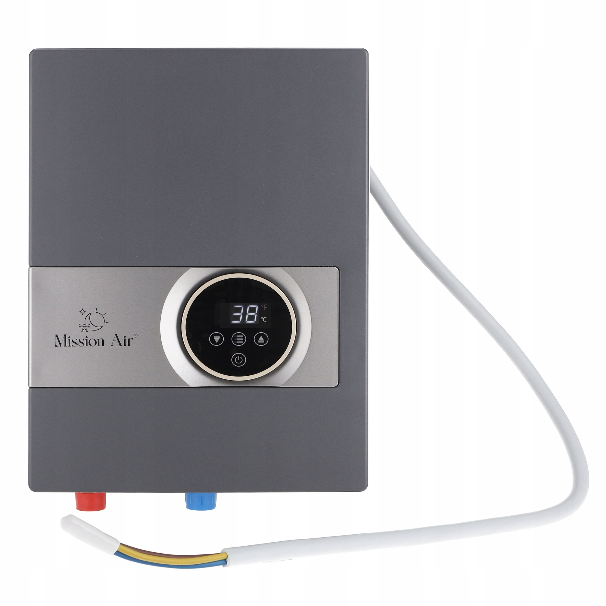 Szary podgrzewacz wody z cyfrowym wyświetlaczem pokazującym 38 stopni Celsjusza. Zawiera wloty wody i przewód elektryczny.