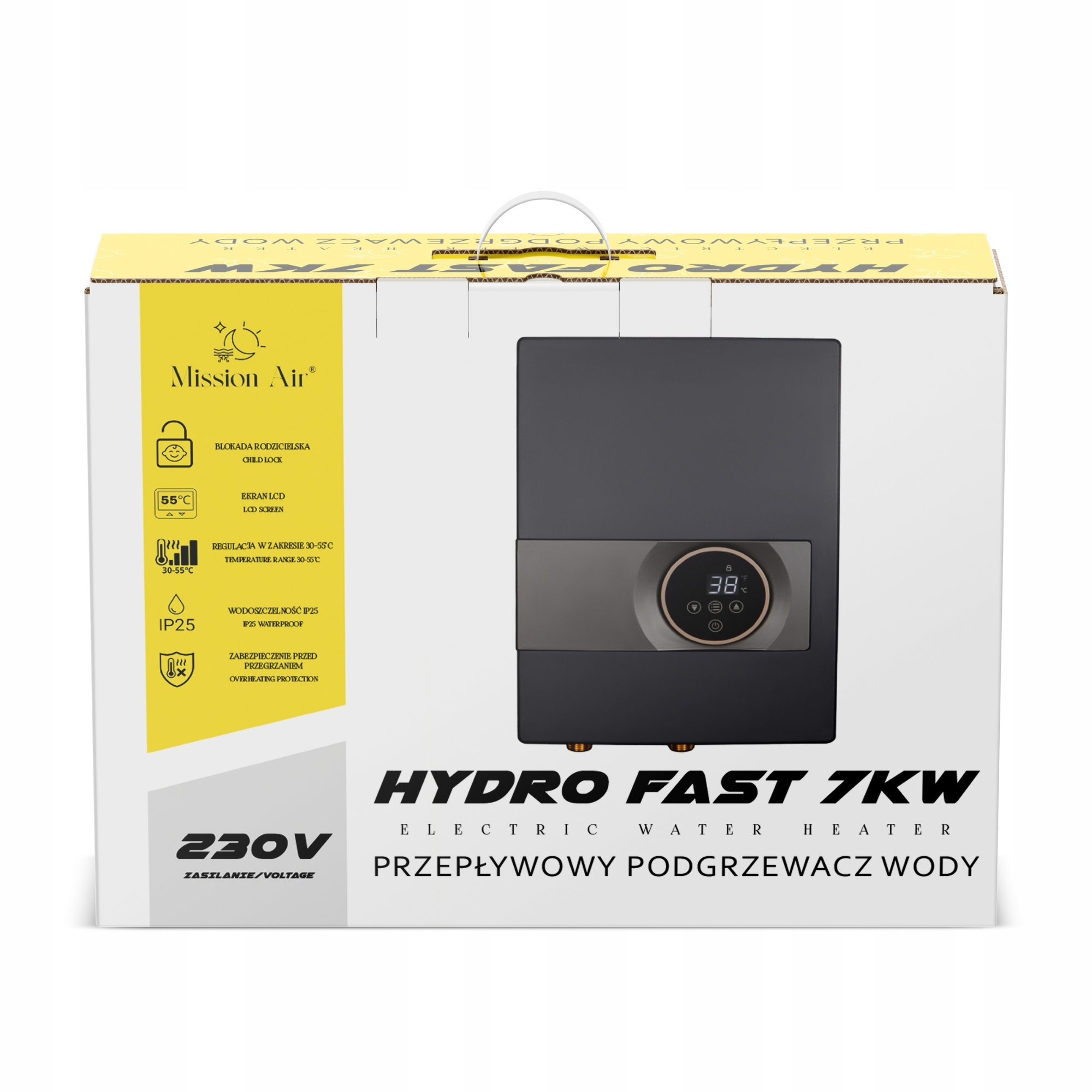 Pudełko podgrzewacza wody Hydro Fast 7KW. Posiada wyświetlacz cyfrowy i funkcje bezpieczeństwa po lewej stronie.
