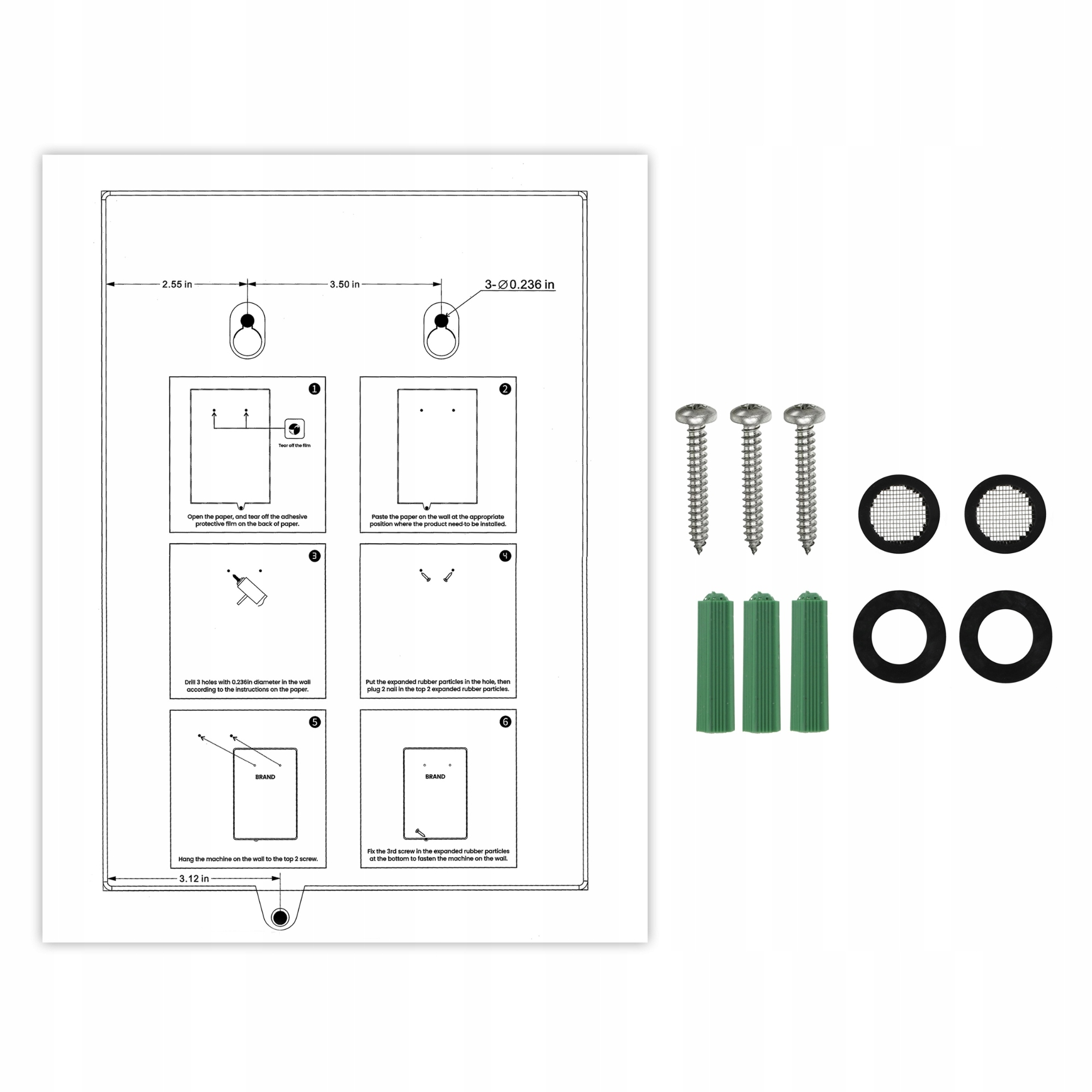 Schemat pokazujący kroki instalacji: wiercenie otworów, umieszczanie śrub i podkładek. Zawiera śruby, kołki i instrukcje instalacji.