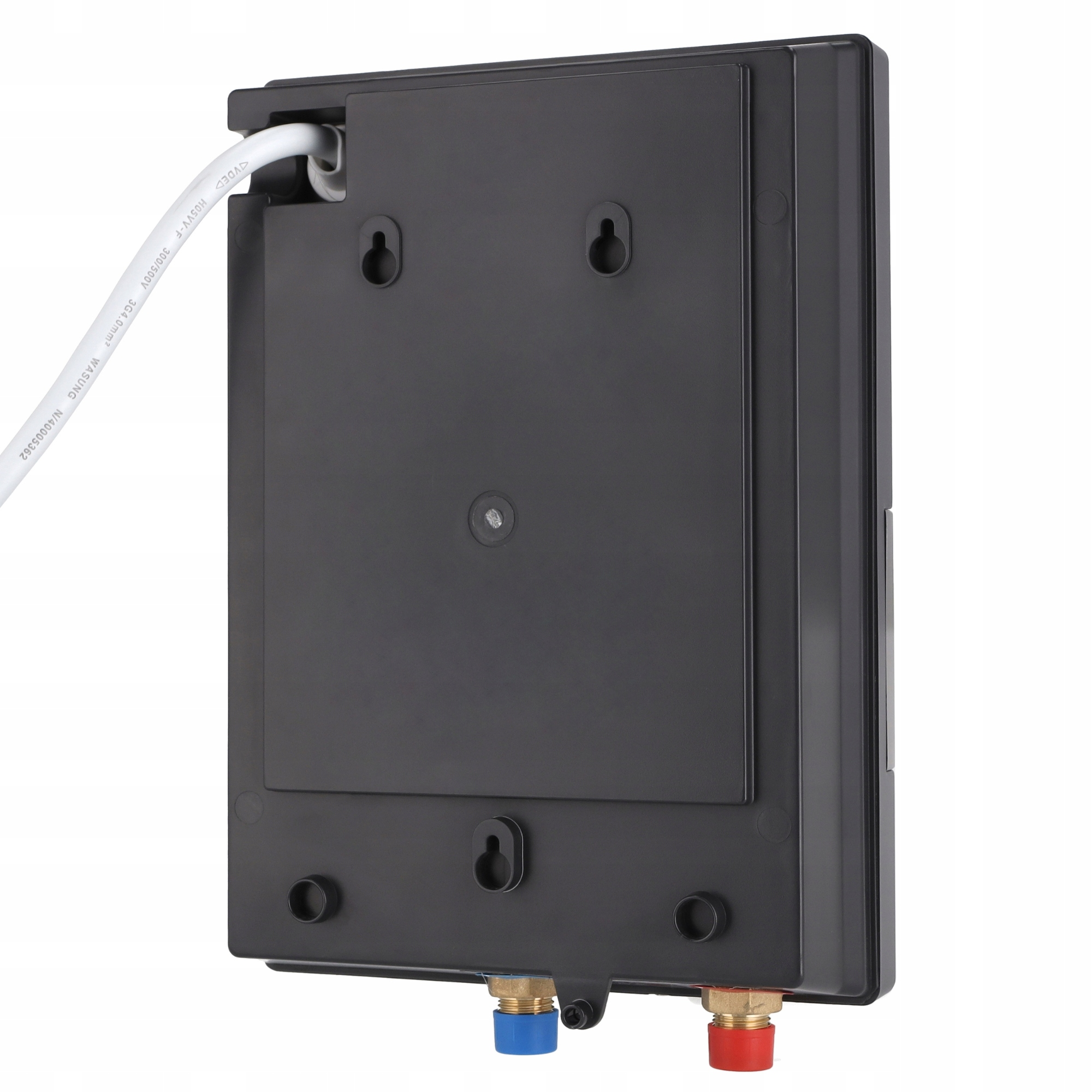 Czarne prostokątne urządzenie z białym kablem po lewej stronie i czerwonymi i niebieskimi złączami na dole.