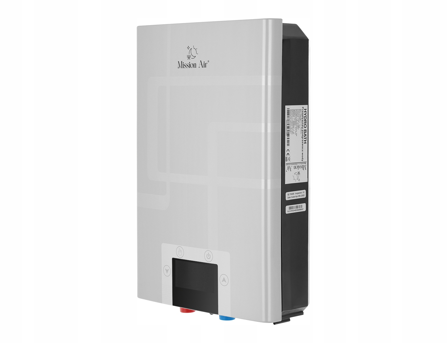 Biało-czarny podgrzewacz wody z napisami Mission Air i Hydro Bath. Posiada przyciski i kod kreskowy.