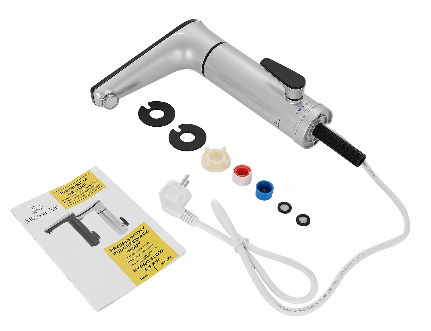 Srebrna bateria z czarnym uchwytem, komponenty i instrukcja obsługi ułożone na białej powierzchni.