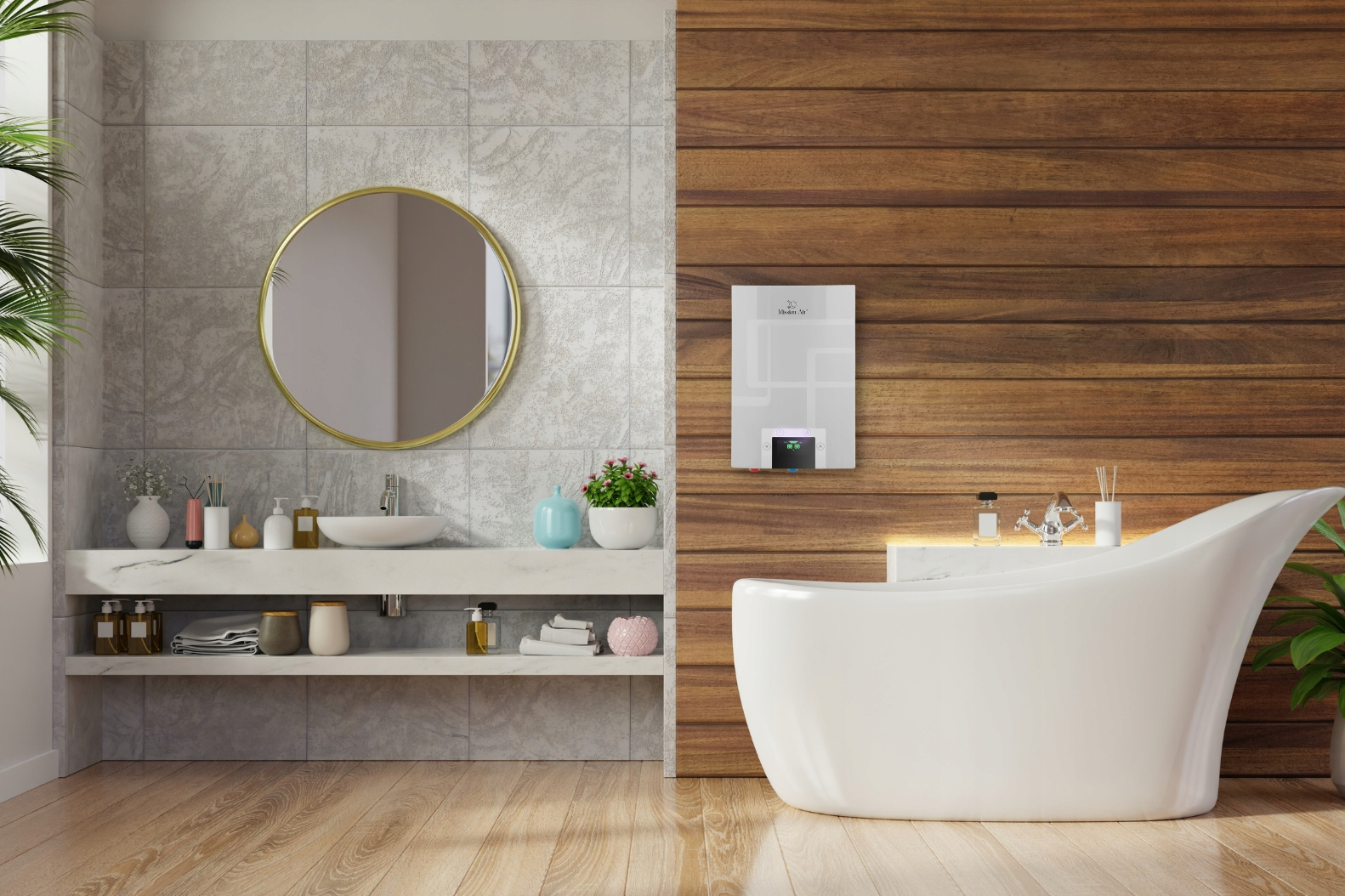 Nowoczesna łazienka z białą wanną, lustrem w złotej ramie, drewnianą ścianą i podgrzewaczem wody.