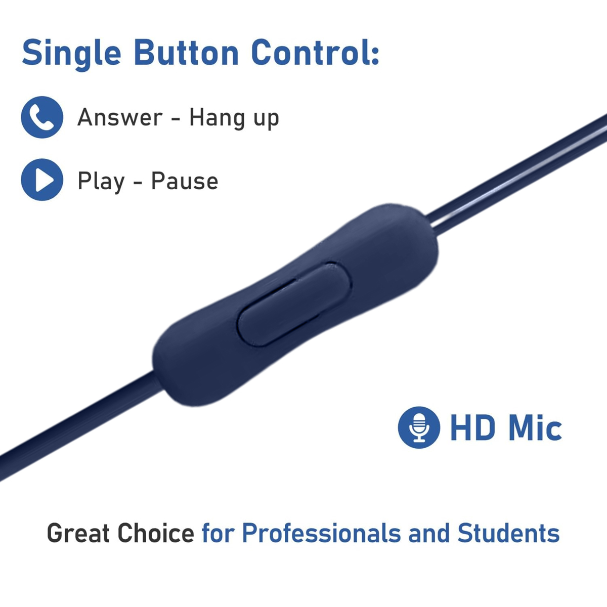 Das Bild zeigt eine blaue Headset-Steuerung mit Text: Annehmen/Auflegen, Abspielen/Pause, HD-Mikrofon und Text für Profis und Studenten.