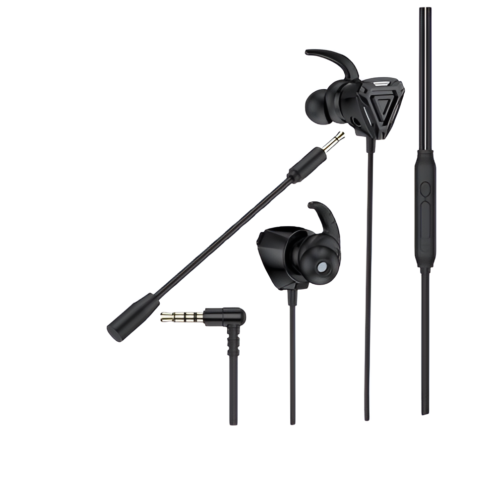 Schwarze Gaming-Ohrhörer mit Mikrofon und In-Ear-Design, isoliert auf weißem Hintergrund. Das Set enthält eine Steuertaste.