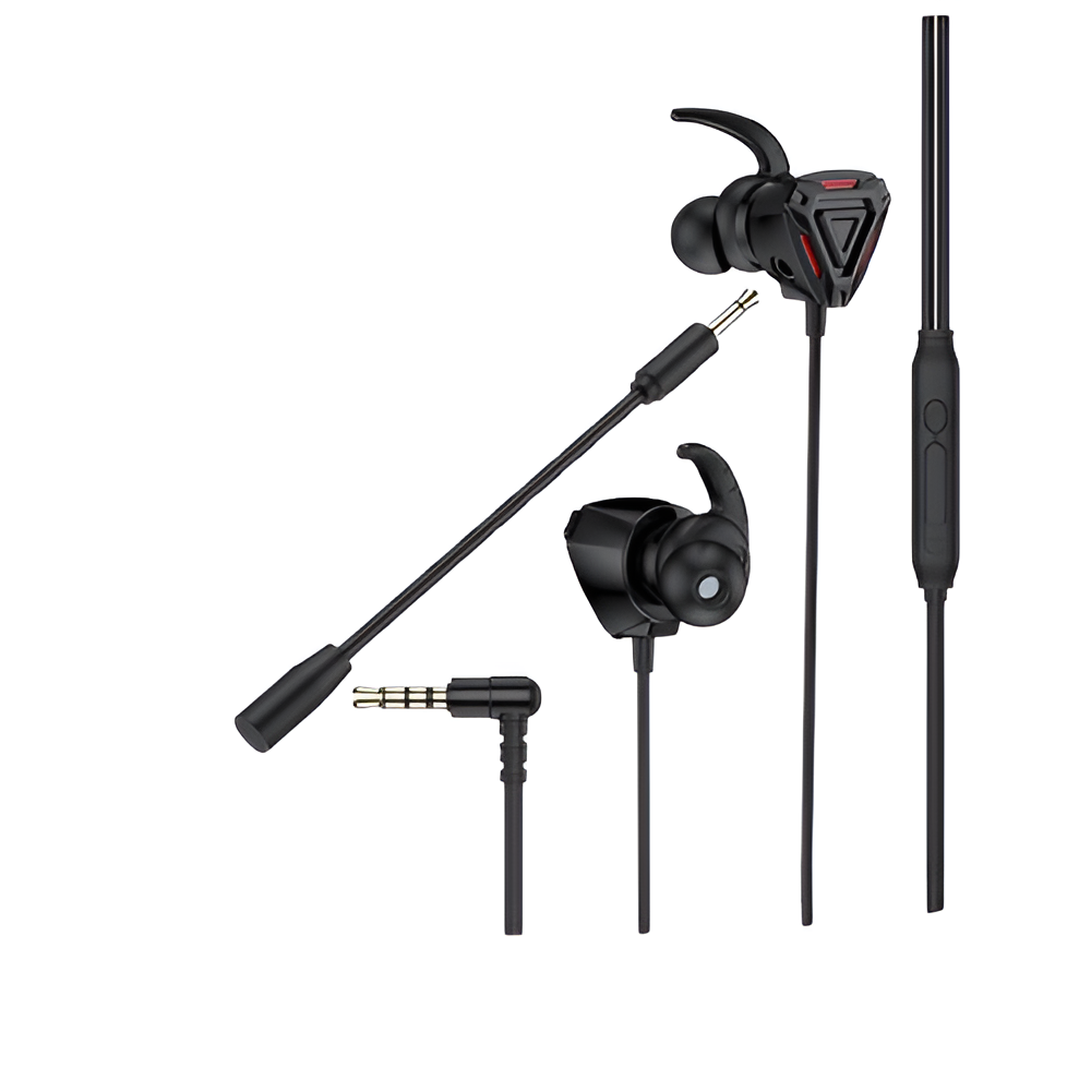 Schwarzes Gaming-Headset mit Mikrofon und Bedienfeld. Goldfarbene 3,5-mm-Klinkenstecker sind sichtbar.