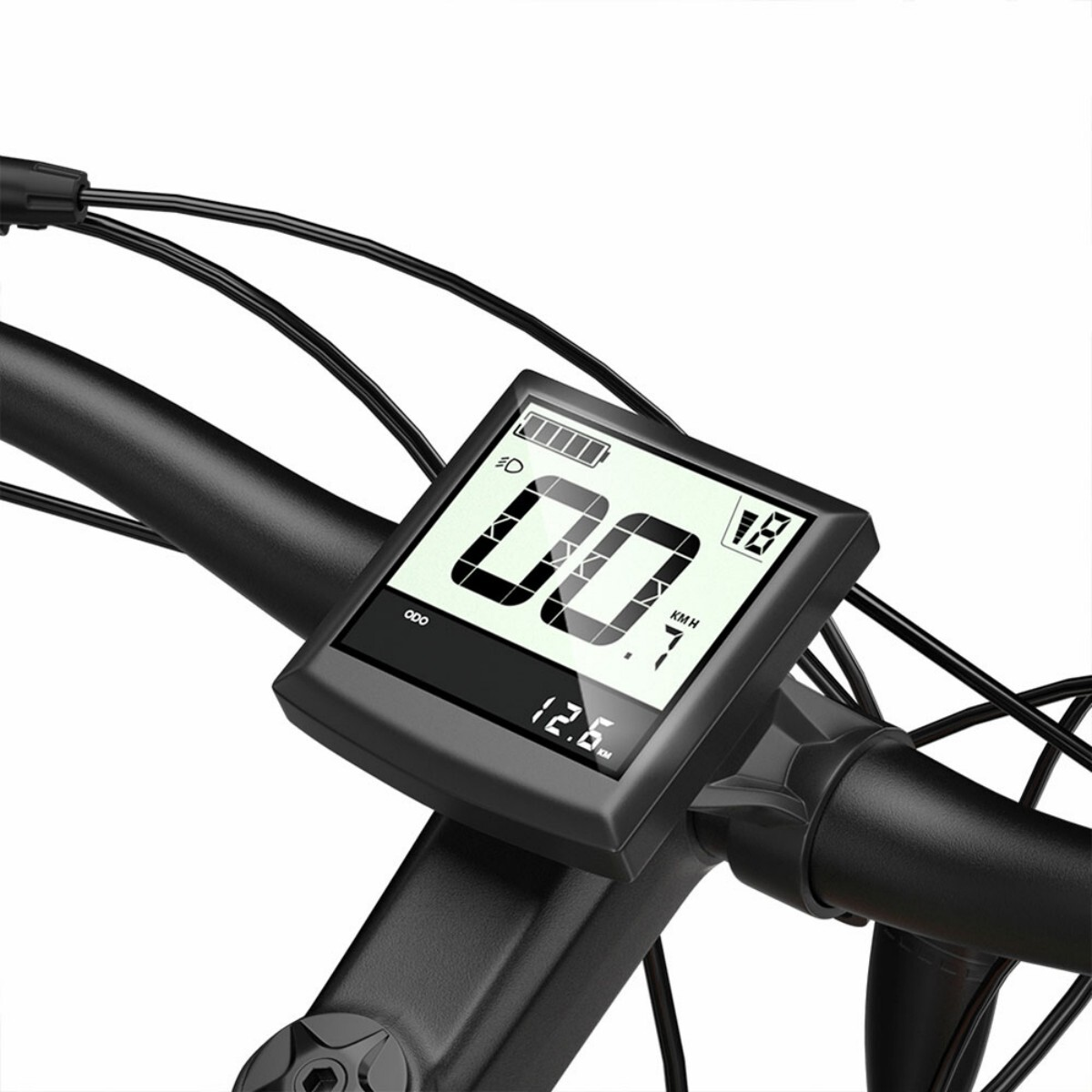 Zbliżenie wyświetlacza roweru pokazującego prędkość '00', poziom naładowania baterii i 12,6 km/h. Widoczna czarna kierownica i kable.