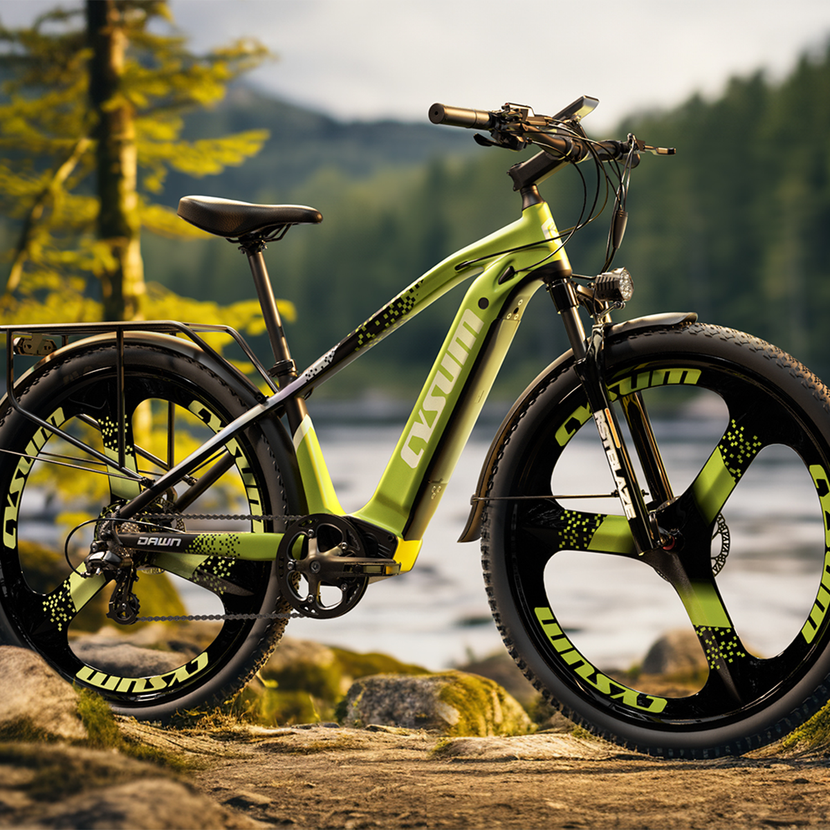 Rower elektryczny z zielonymi i czarnymi akcentami zaparkowany na zewnątrz. Tło przedstawia jezioro i drzewa.