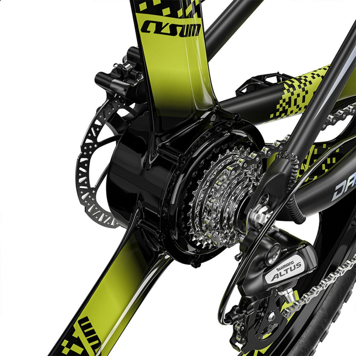 Zbliżenie tylnego koła roweru i jego komponentów: czarna i limonkowo-zielona rama, Shimano Altus, przerzutki i hamulec tarczowy.