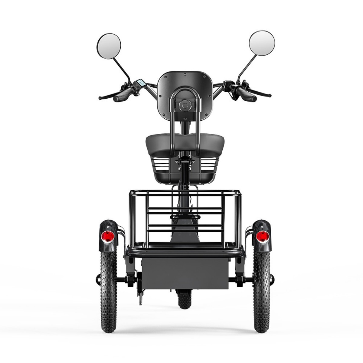Czarny trójkołowiec z koszem z tyłu. Ma siedzenie, lusterka i dwa tylne koła z czerwonymi światłami.