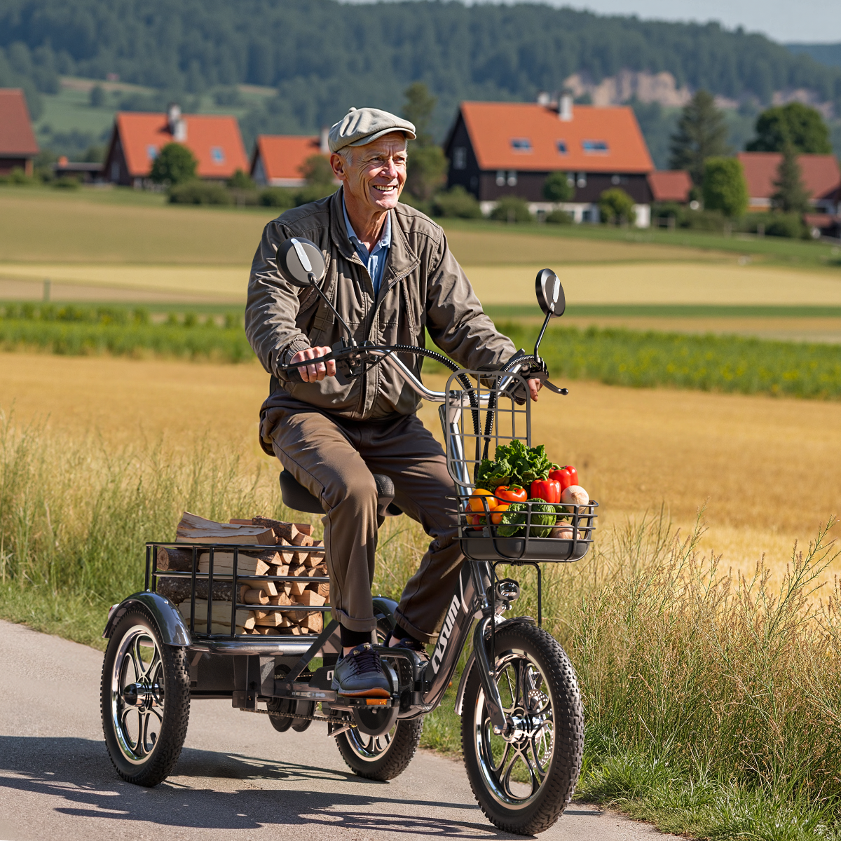 Starszy mężczyzna jedzie na trójkołowym rowerze po drodze. Rower ma kosz z warzywami, ładunek drewna i znajduje się na wsi.