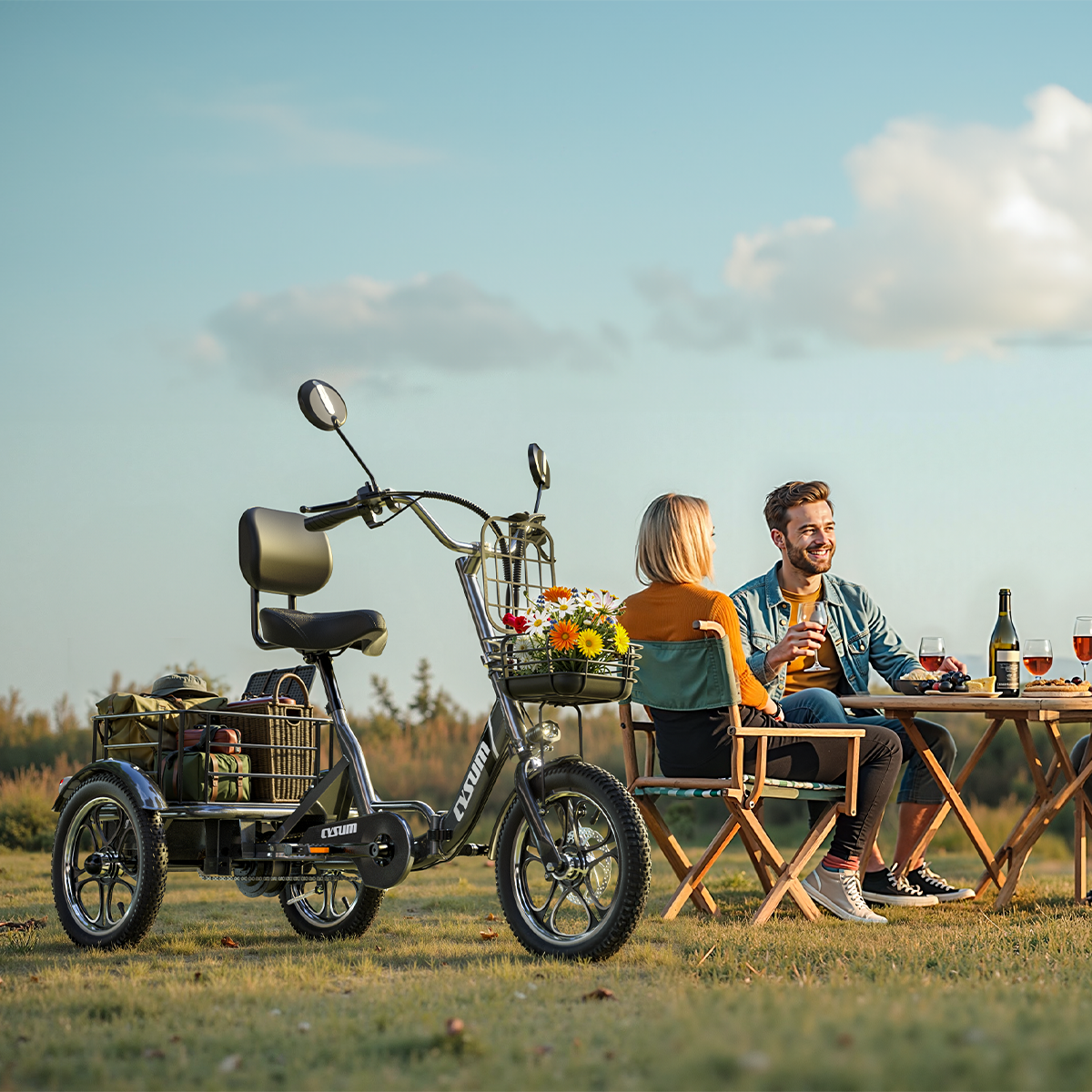 Para cieszy się piknikiem z winem. W pobliżu znajduje się trójkołowiec z koszem kwiatów. Scena rozgrywa się na świeżym powietrzu w słoneczny dzień.