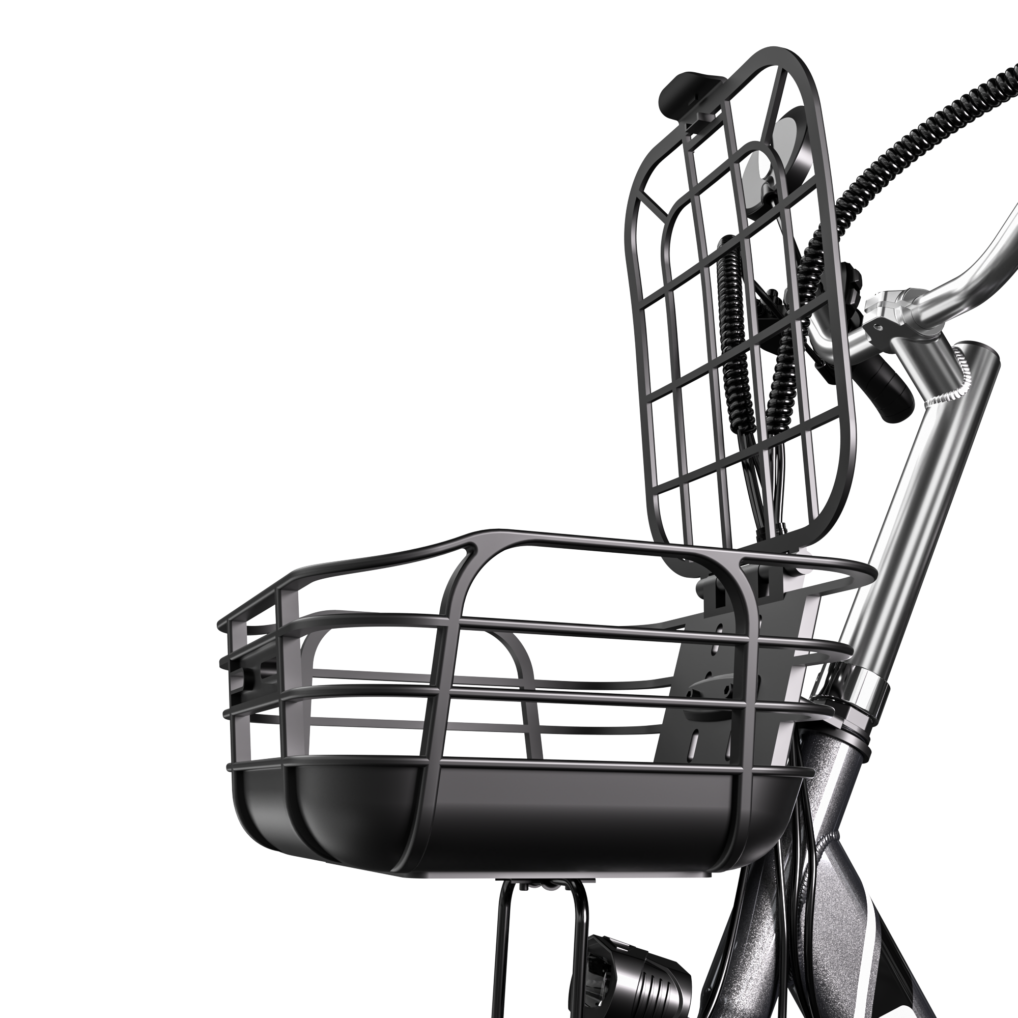 Zbliżenie przodu roweru. Posiada czarny kosz, srebrną kierownicę i czarną kratkę ochronną.