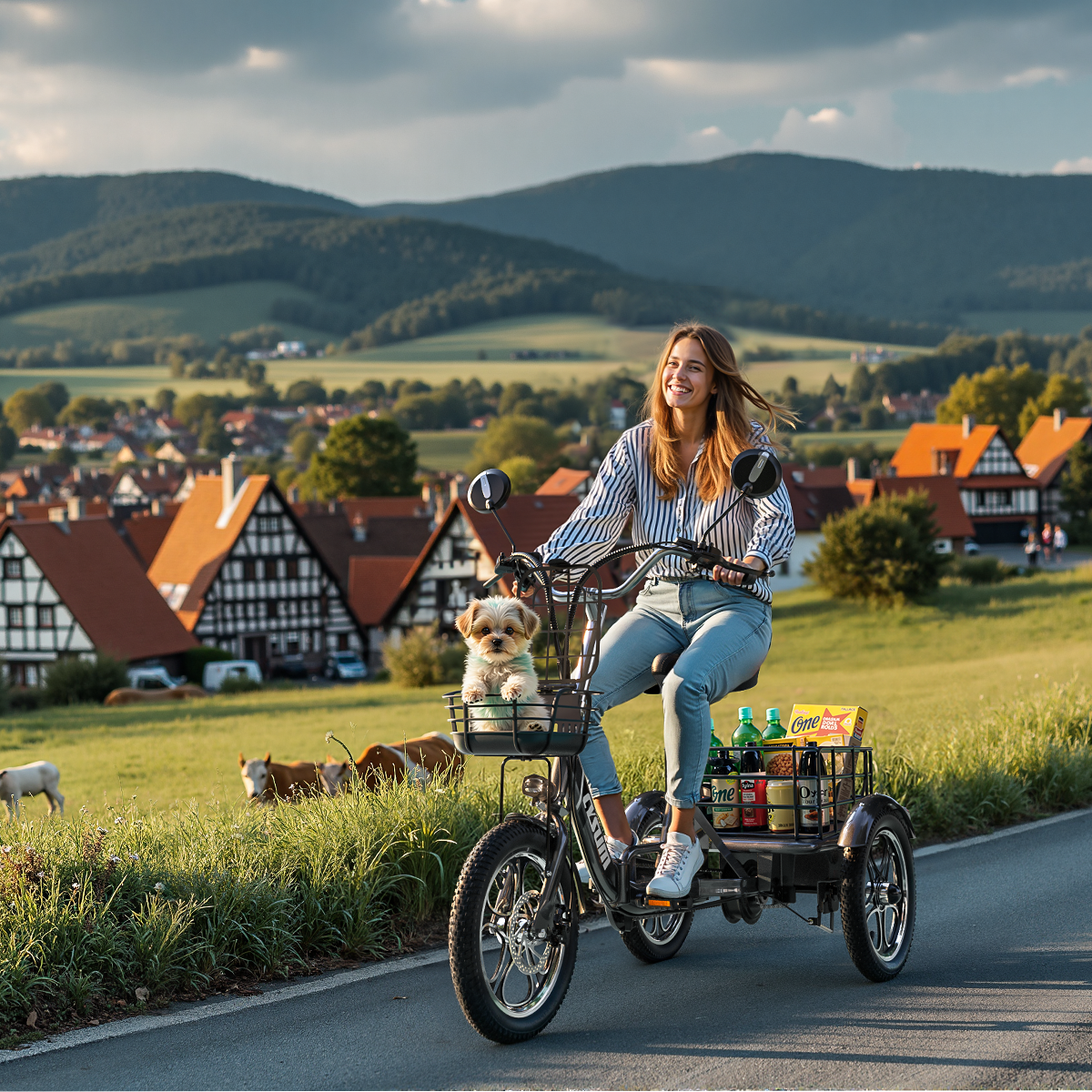 Kobieta uśmiecha się jadąc na trójkołowym rowerze z psem w koszyku. W tle widać domy, krowy i góry.