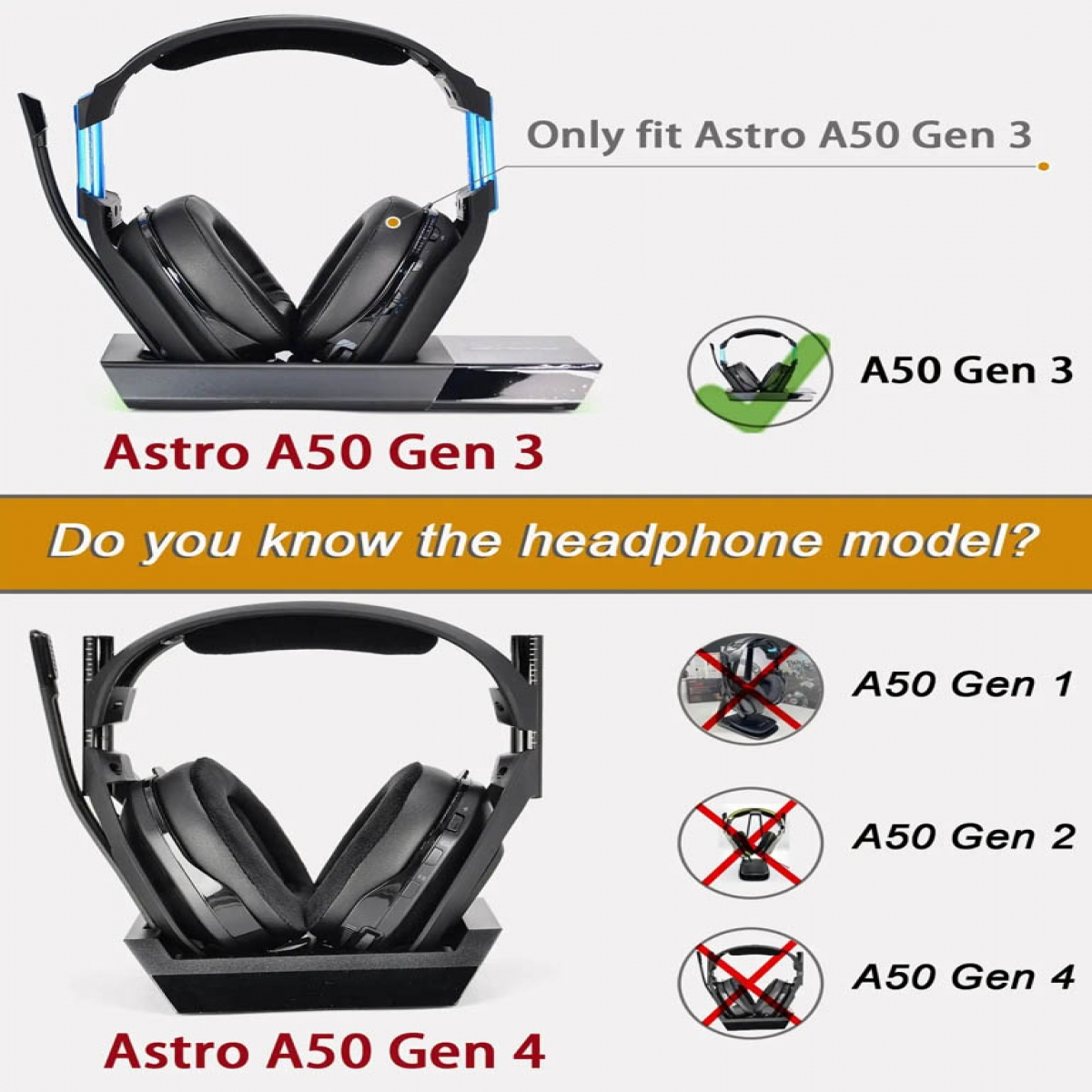 Das Bild zeigt ein Astro A50 Gen 3 Headset auf einem Ständer. Es ist kompatibel, während Gen 1, 2 und 4 nicht kompatibel sind.