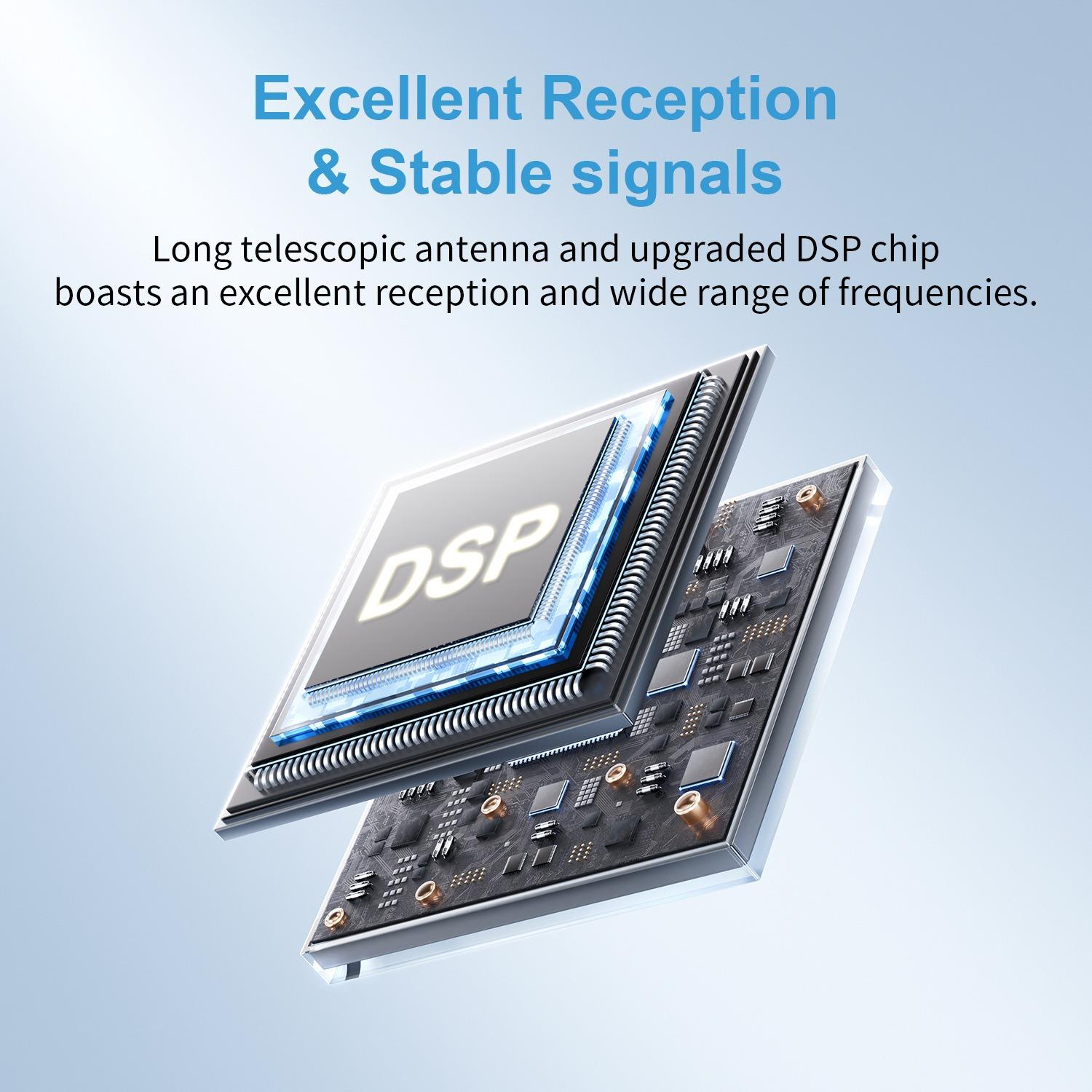 Das Bild zeigt einen DSP-Chip. Der Text lautet 'Excellent Reception & Stable signals'. Der Chip befindet sich auf blauem Hintergrund.