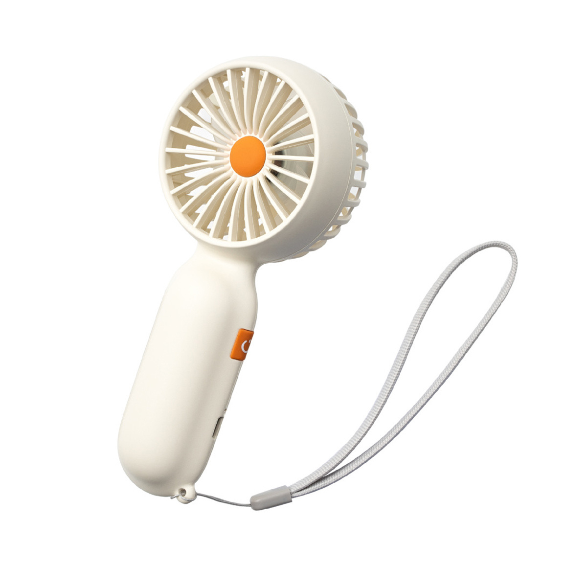Ein weiß-orangener Handventilator mit grauem Riemen. Der Ventilator hat einen runden Kopf, einen Griff und einen orangefarbenen Knopf.