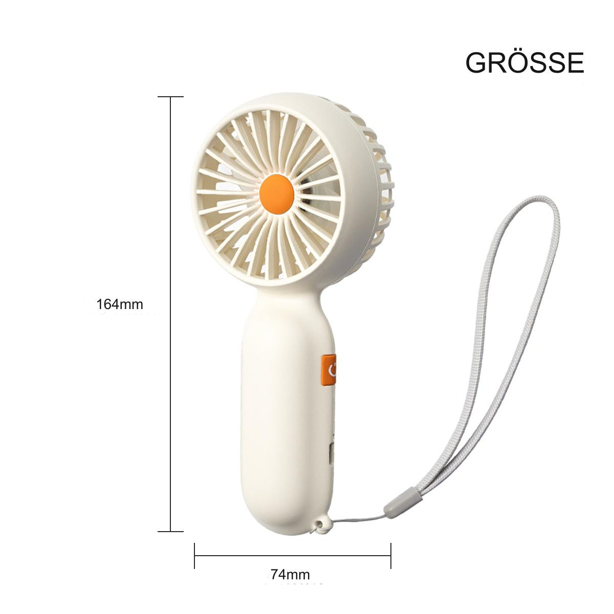 Ein weiß-oranger Handventilator. Er hat einen Griff und einen Fankopf. Ein Riemen ist befestigt. Abmessungen sind mit Linien angegeben.