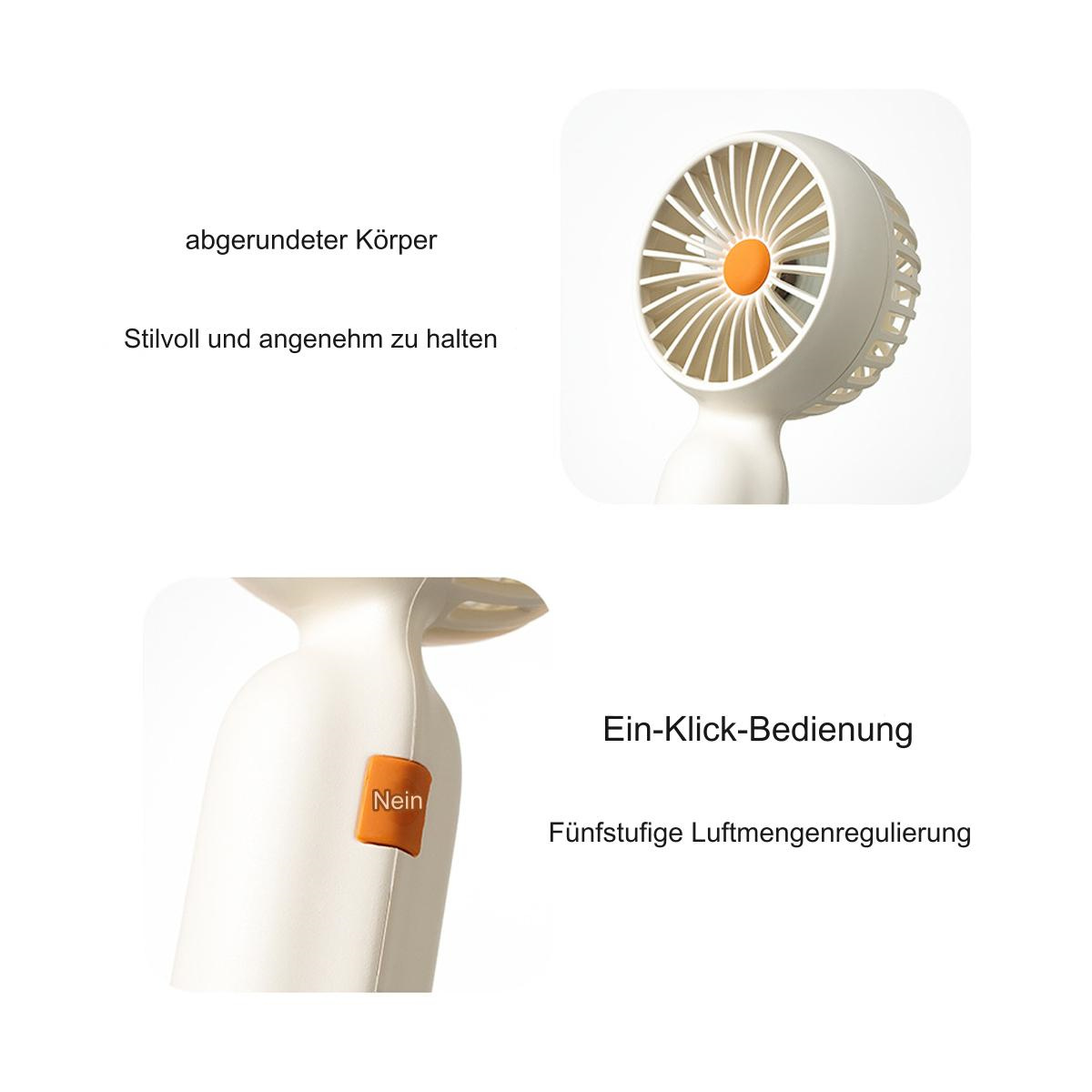 Weißer und orangefarbener tragbarer Ventilator mit abgerundetem Körper. Merkmale sind Ein-Klick-Bedienung und Fünf-Gang-Luftstrom.