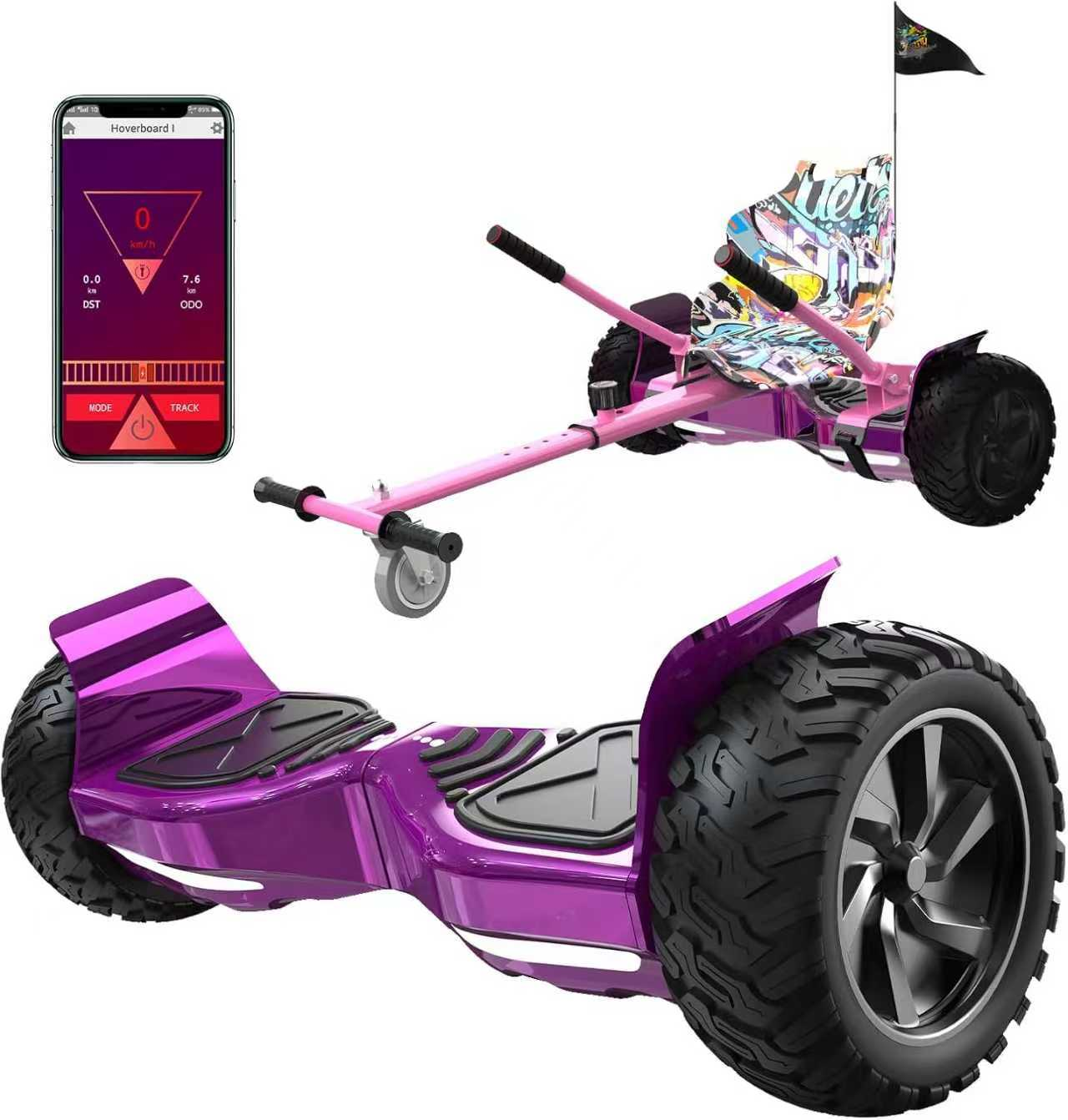 Ein rosa Hoverboard und ein Telefon, das die Geschwindigkeit anzeigt. Das Hoverboard hat einen Sitz und eine Flagge. Ein weiteres Hoverboard ist zu sehen.