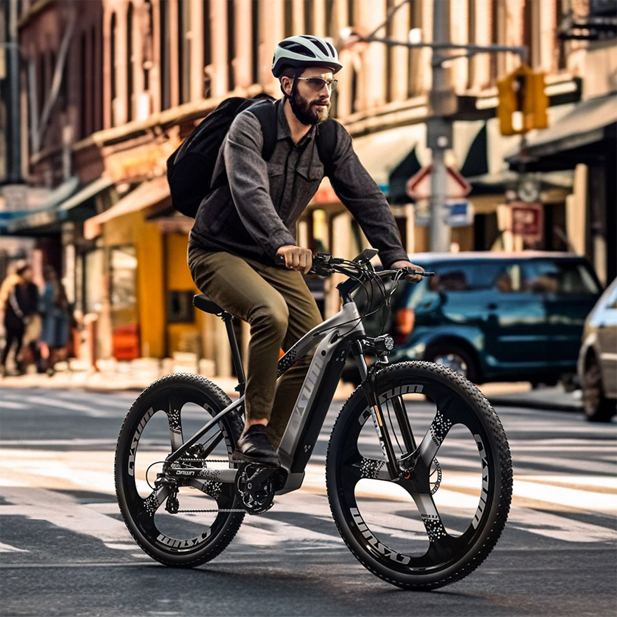 Mężczyzna jedzie rowerem elektrycznym po ulicy. Ma kask, okulary i plecak. W tle budynki i samochody.