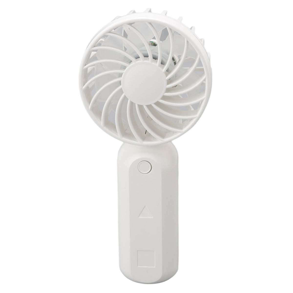 Ein weißer Handventilator mit rundem Lüfterkopf und Griff. Er hat einen Knopf und ein Dreieckssymbol am Griff.