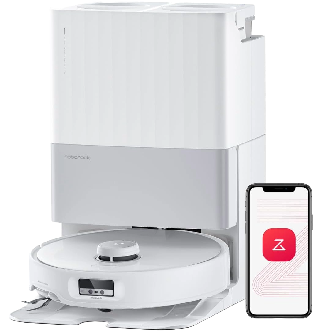 Een witte Roborock robotstofzuiger met oplaadstation en een smartphone met een app-icoon.