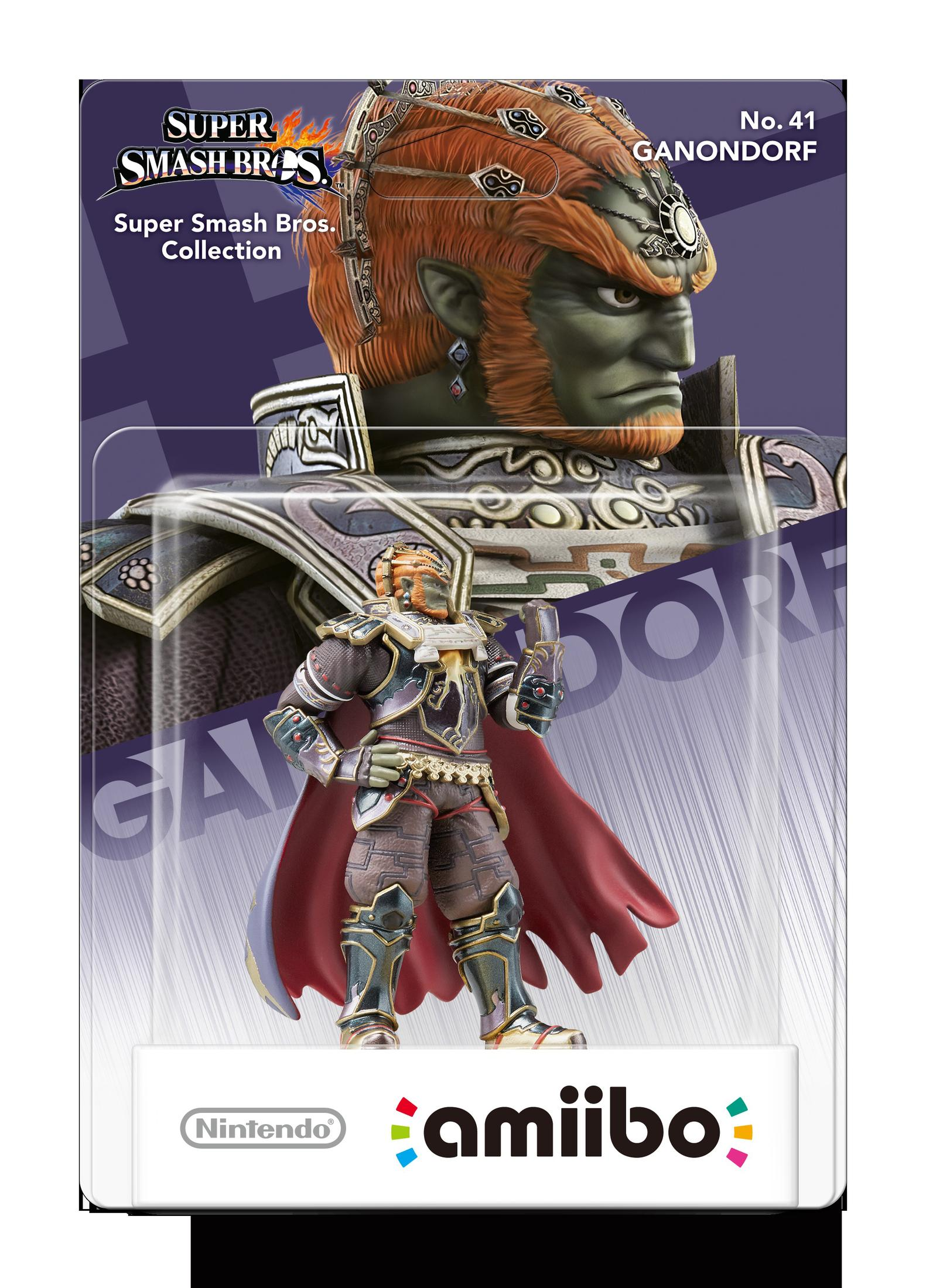 Eine Amiibo-Figur von Ganondorf aus Super Smash Bros. Er trägt eine Rüstung mit rotem Umhang und steht auf einem Ständer.