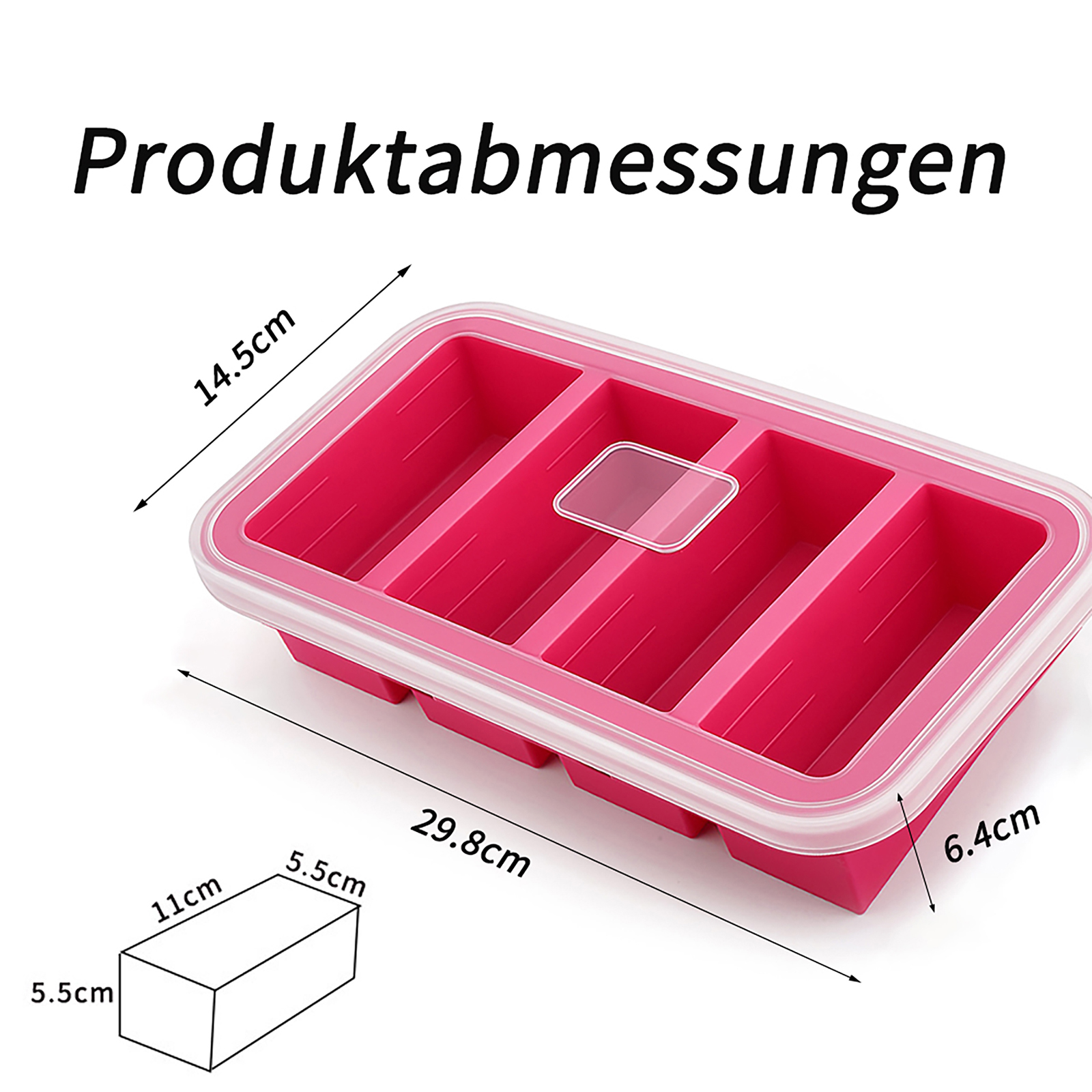 Rosa Eiswürfelschale mit Abmessungen. Text 'Produktabmessungen'. Klarsichtdeckel, 4 Fächer, weißer Hintergrund.