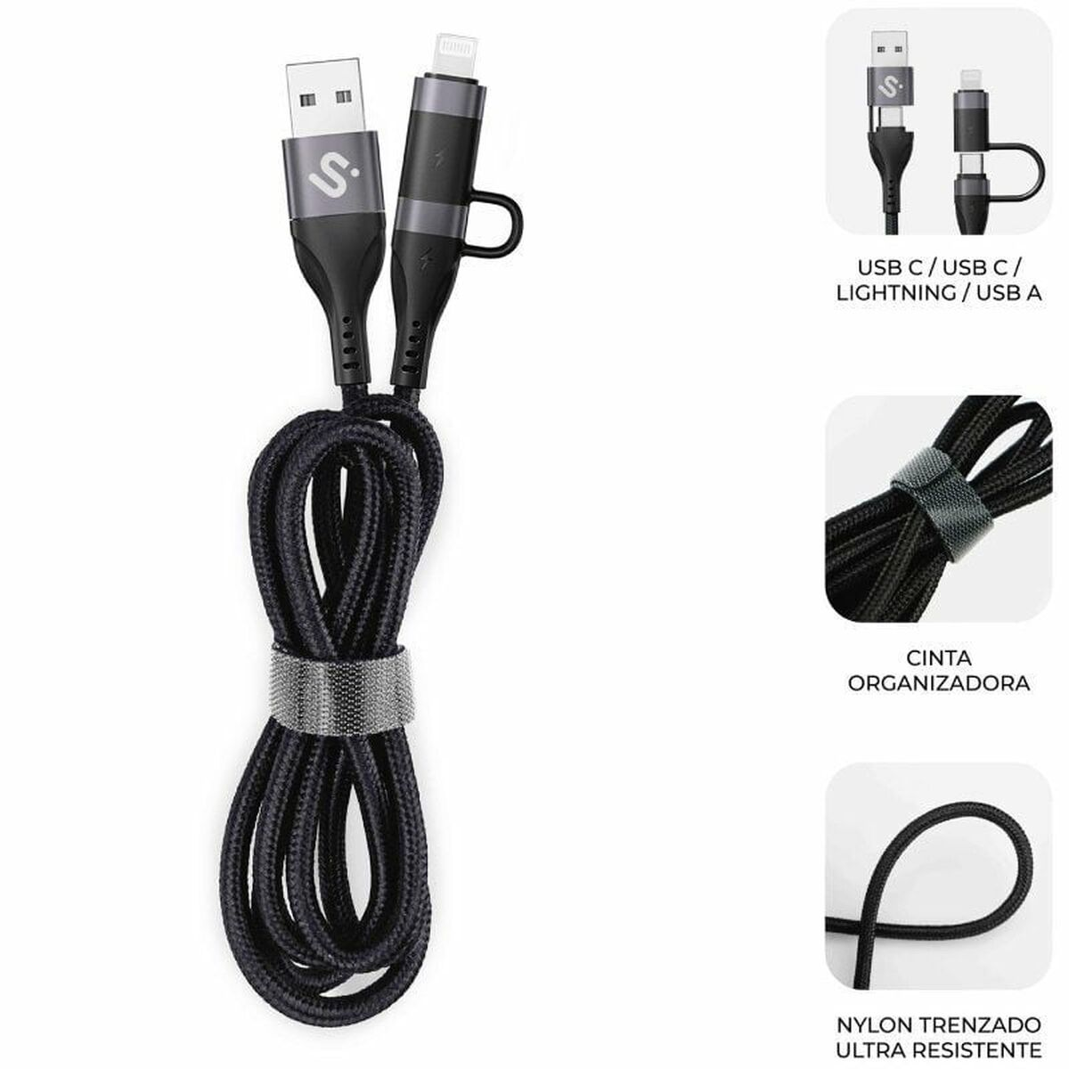 Schwarzes geflochtenes USB-Kabel mit USB-A-, USB-C- und Lightning-Anschlüssen, gehalten von einem grauen Riemen. Zusätzliche Details gezeigt.