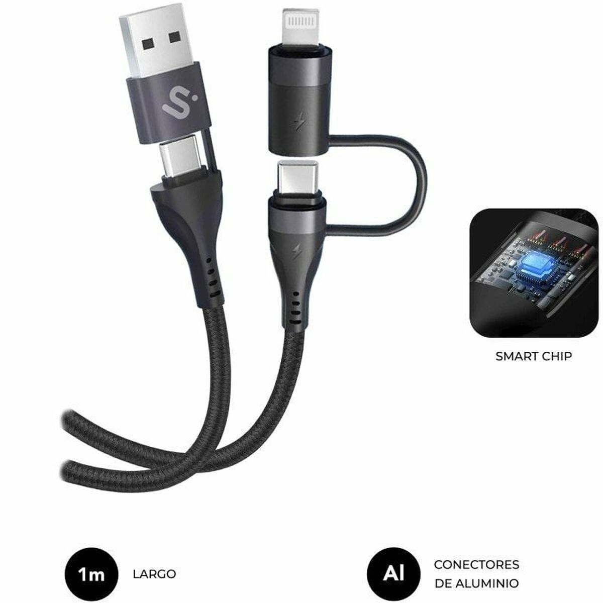 Schwarzes USB-Ladekabel mit USB-, Lightning- und USB-C-Anschlüssen. Mit Smart-Chip, Aluminium-Anschlüssen, 1m lang.