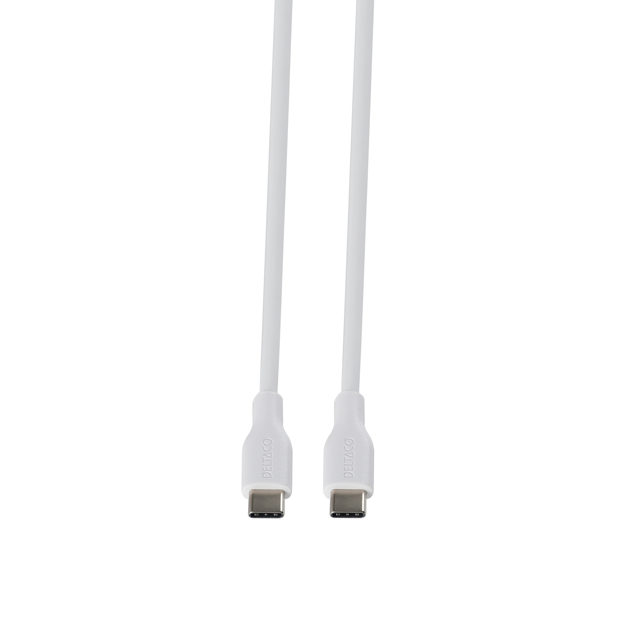 Zwei weiße USB-C-Kabel, nebeneinander, vor weißem Hintergrund. Jedes Kabel hat einen DELTACO-Anschluss.