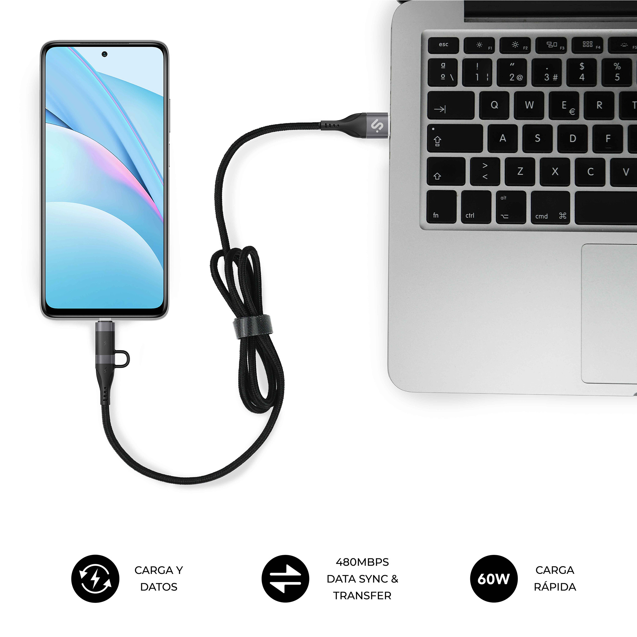Ein Telefon ist über ein schwarzes Ladekabel mit einem Laptop verbunden. Zusätzliche Symbole zeigen Datenübertragung und Schnellladung an.