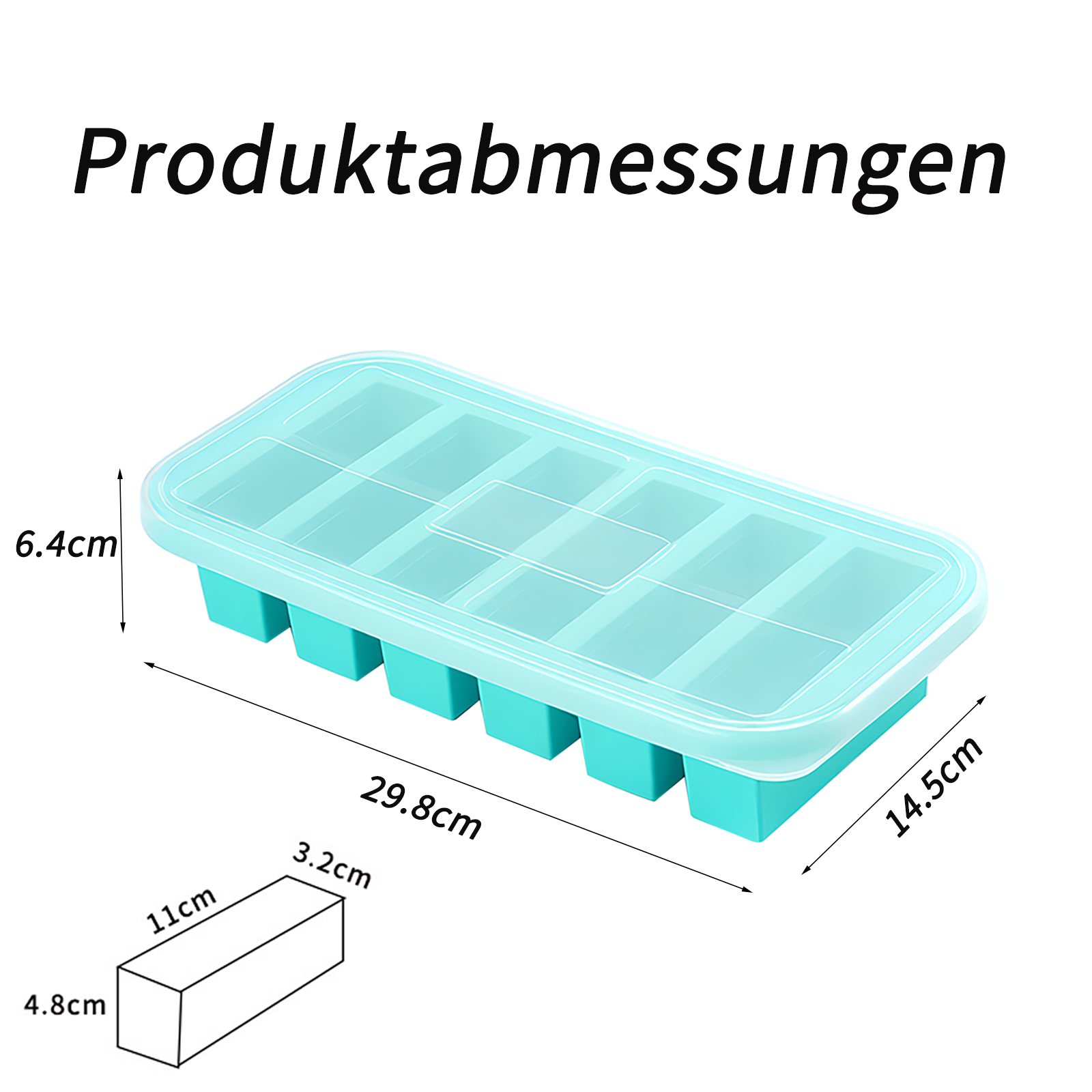 Eine türkisfarbene Eiswürfelschale mit Deckel, Maße beschriftet. Text oben lautet 'Produktabmessungen'.