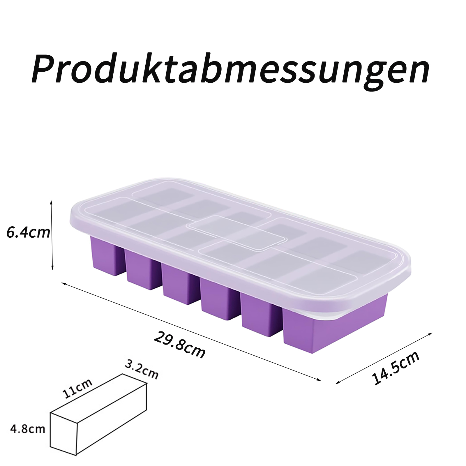 Eiswürfelbehälter mit Deckel, Maße angegeben. Lila Basis, klarer Deckel. Text: Produktabmessungen.