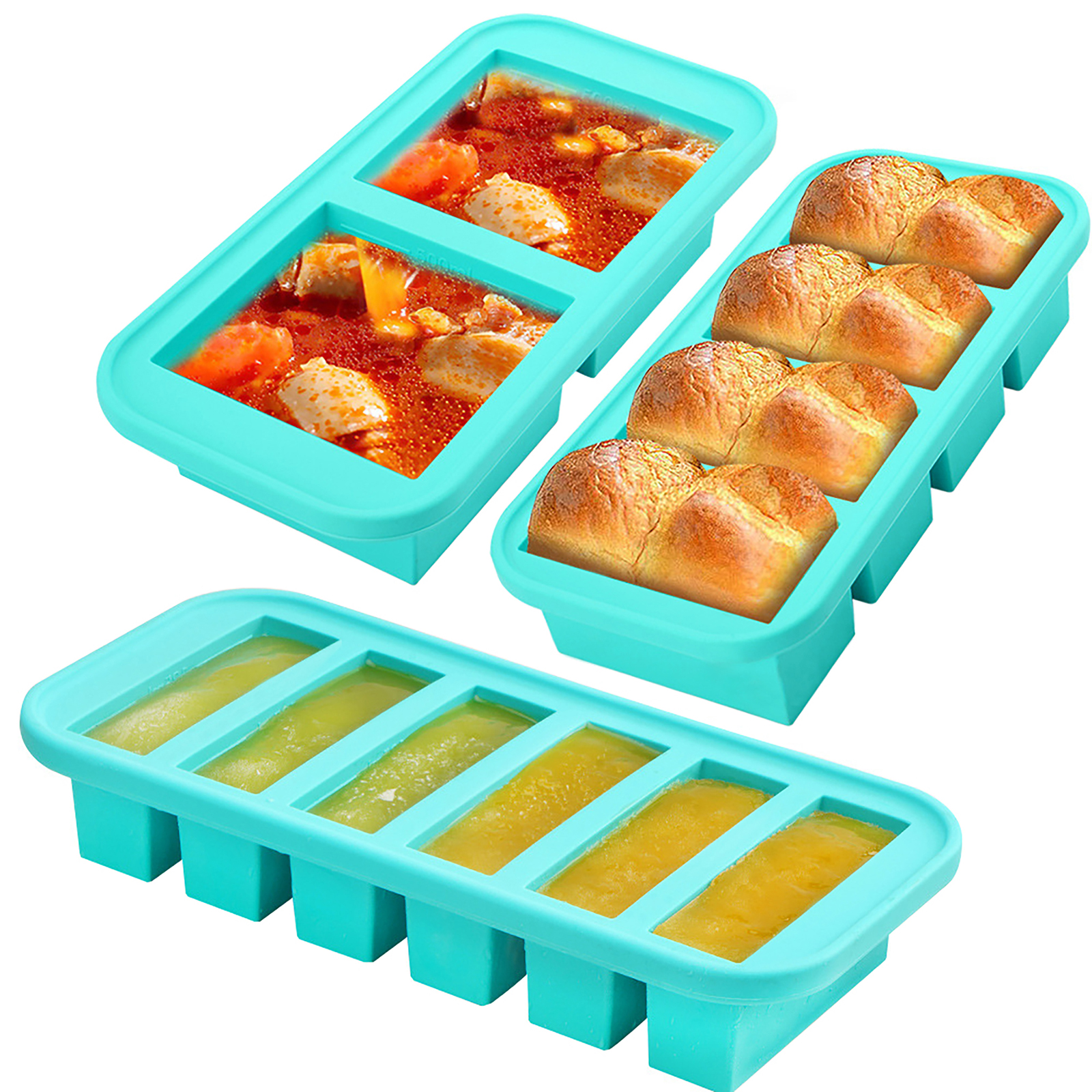 Drei türkisfarbene Tabletts mit Essen: Suppe, Brot und gelbe Flüssigkeit. Die Tabletts sind diagonal angeordnet, vor weißem Hintergrund.