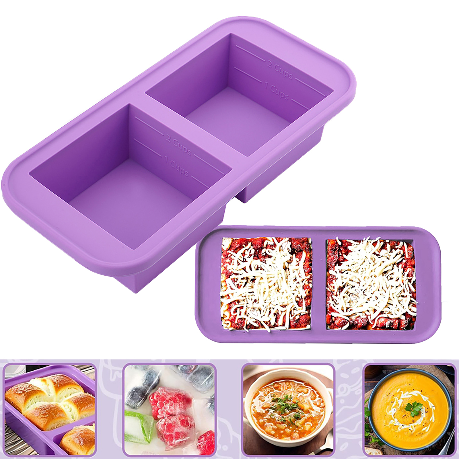 Ein lila Silikon-Gefriertablett mit zwei Fächern, eines mit Essen gefüllt und andere Essensbilder.