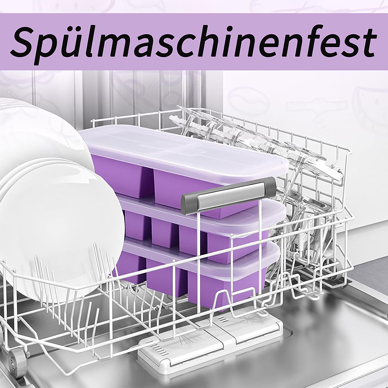 Geschirrspüler-Innenraum mit Tellern, Eiswürfelschalen und Gläsern. Text: 'Spülmaschinenfest'.