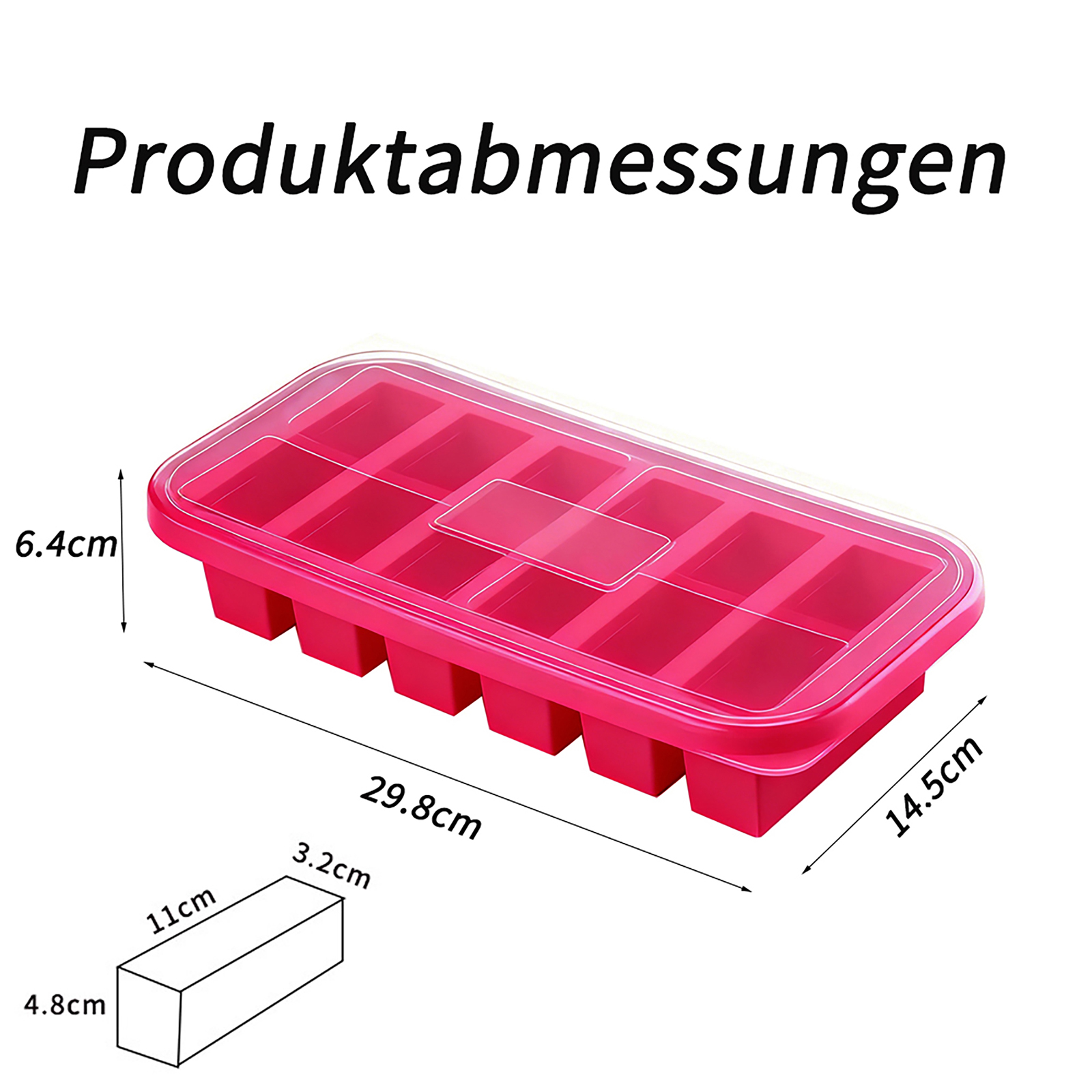 Eine rosa Eiswürfelschale mit Maßangaben. Ein weißer Kasten zeigt die Größe eines einzelnen Würfels.