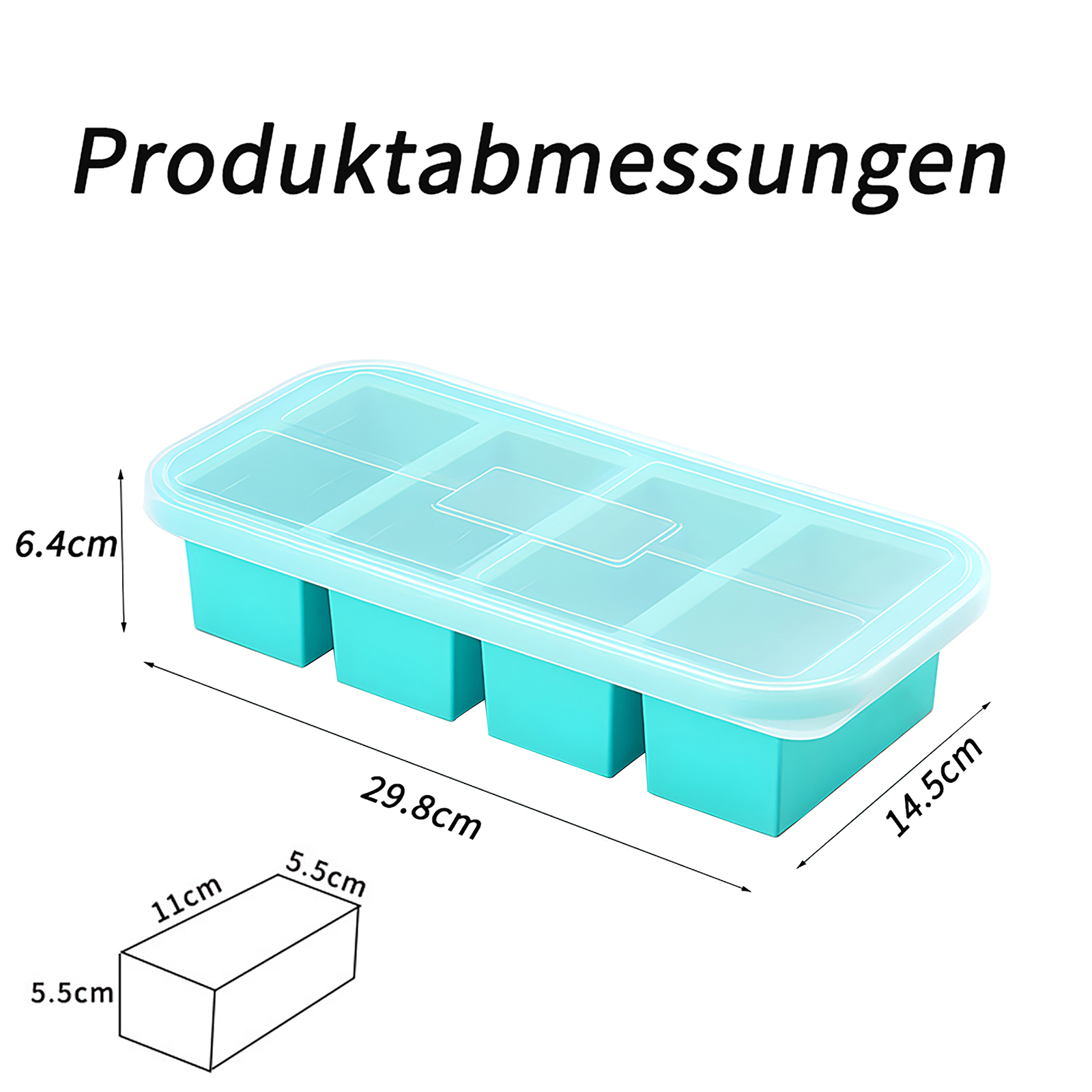 Eiswürfelschale mit transparentem Deckel. Abmessungen: 29,8 cm lang, 14,5 cm breit, 6,4 cm hoch.