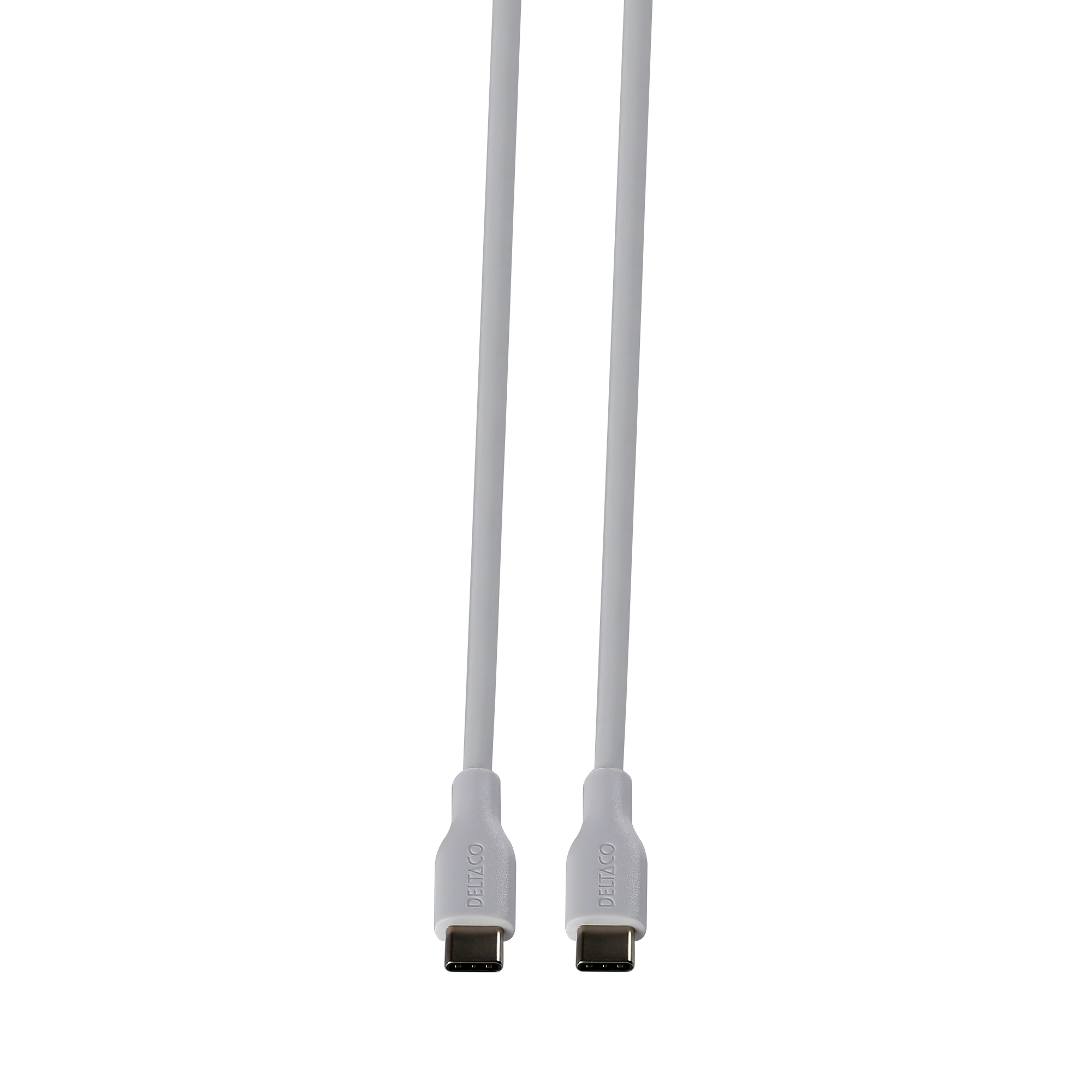 Dos cables USB-C blancos, marca DELTACO, sobre un fondo blanco.