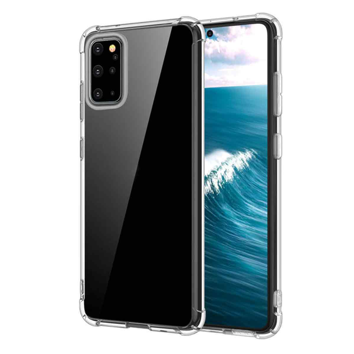 Eine transparente Handyhülle mit einem Telefon darin. Das Telefon zeigt eine blaue Ozeanszene. Die Hülle hat einen Kameraausschnitt.