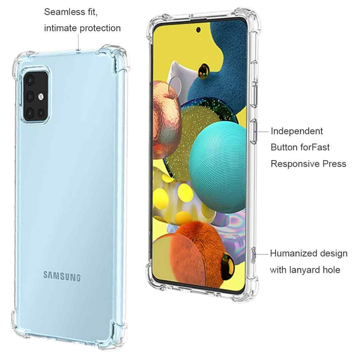 Eine Handyhülle mit einem Handy darin. Die Hülle ist transparent und zeigt das Handy. Text: Nahtlose Passform, intimer Schutz usw.