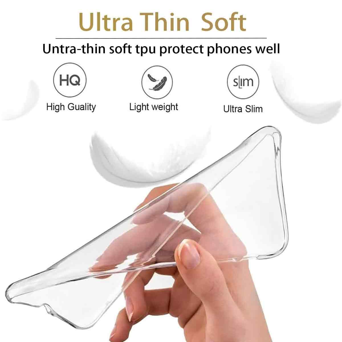 Eine Hand hält eine durchsichtige Handyhülle. Der Text oben lautet 'Ultra Thin Soft'. Symbole für Qualität, Leichtigkeit und ultra schlank.