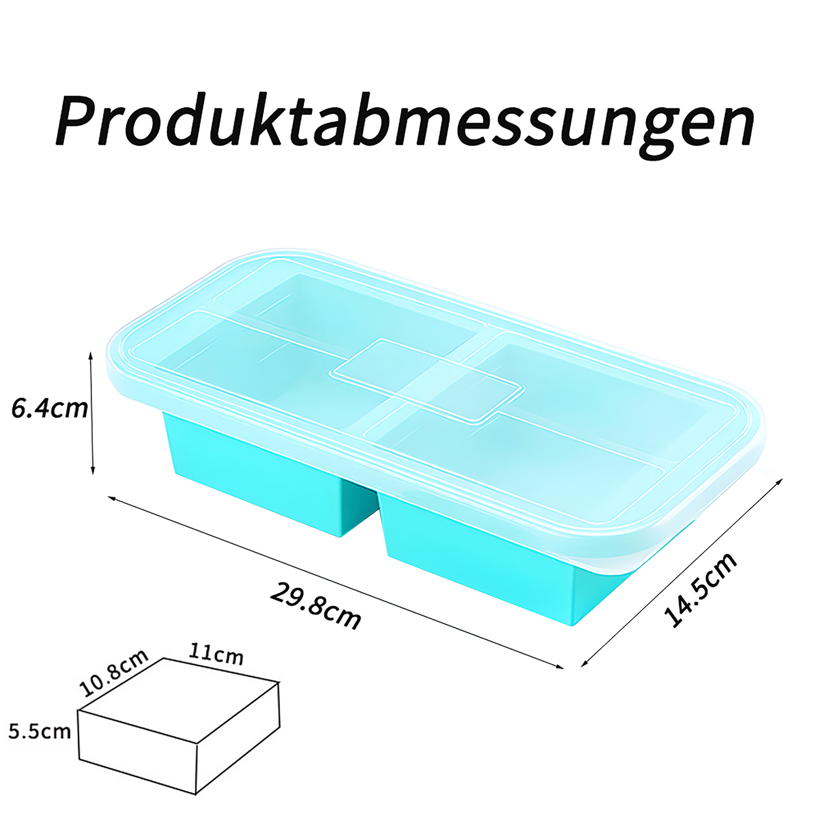 Ein blaues Eiswürfelschalen mit einem durchsichtigen Deckel. Abmessungen des Tabletts und eines kleinen Würfels sind angezeigt.