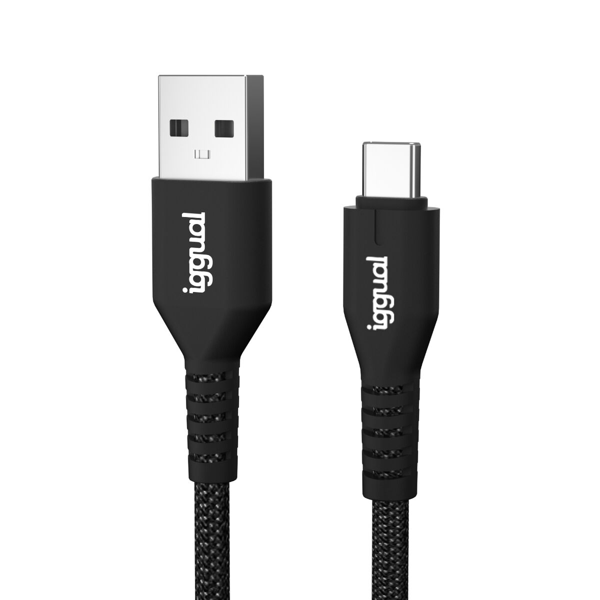 Zwei schwarze USB-Kabel mit dem Logo 'igggual'. Eines hat einen USB-A-Anschluss, das andere einen USB-C-Anschluss. Sie sind auf weißem Hintergrund.